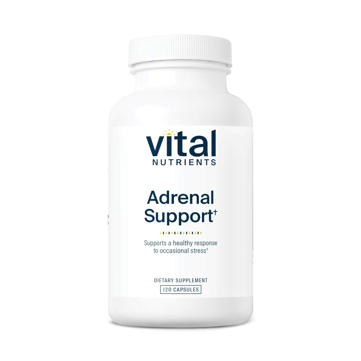 Vital Nutrients Adrenal Support, bouteille verse, peut soutenir énergie et gestion du stress.