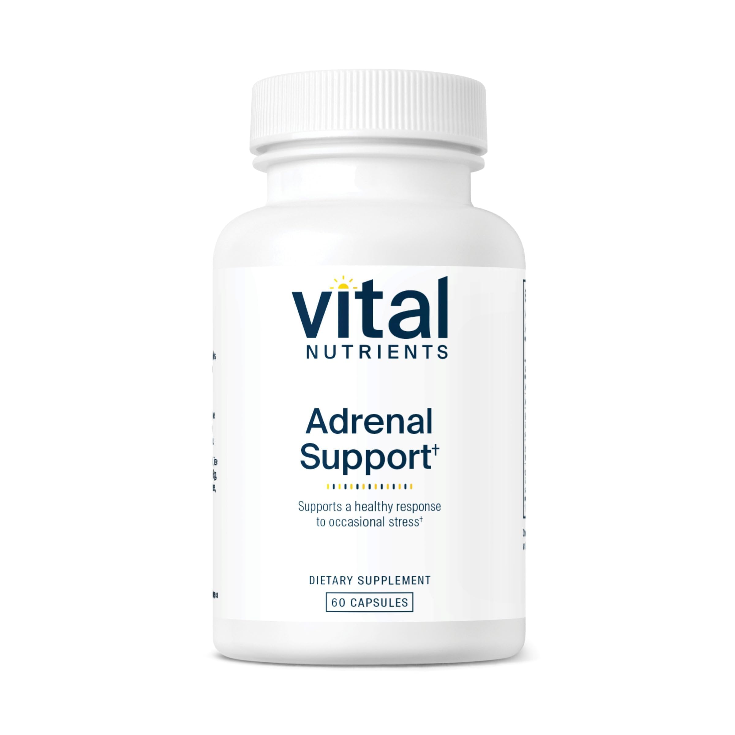 Vital Nutrients Adrenal Support, bouteille et gélules montrant le soutien des surrénales
