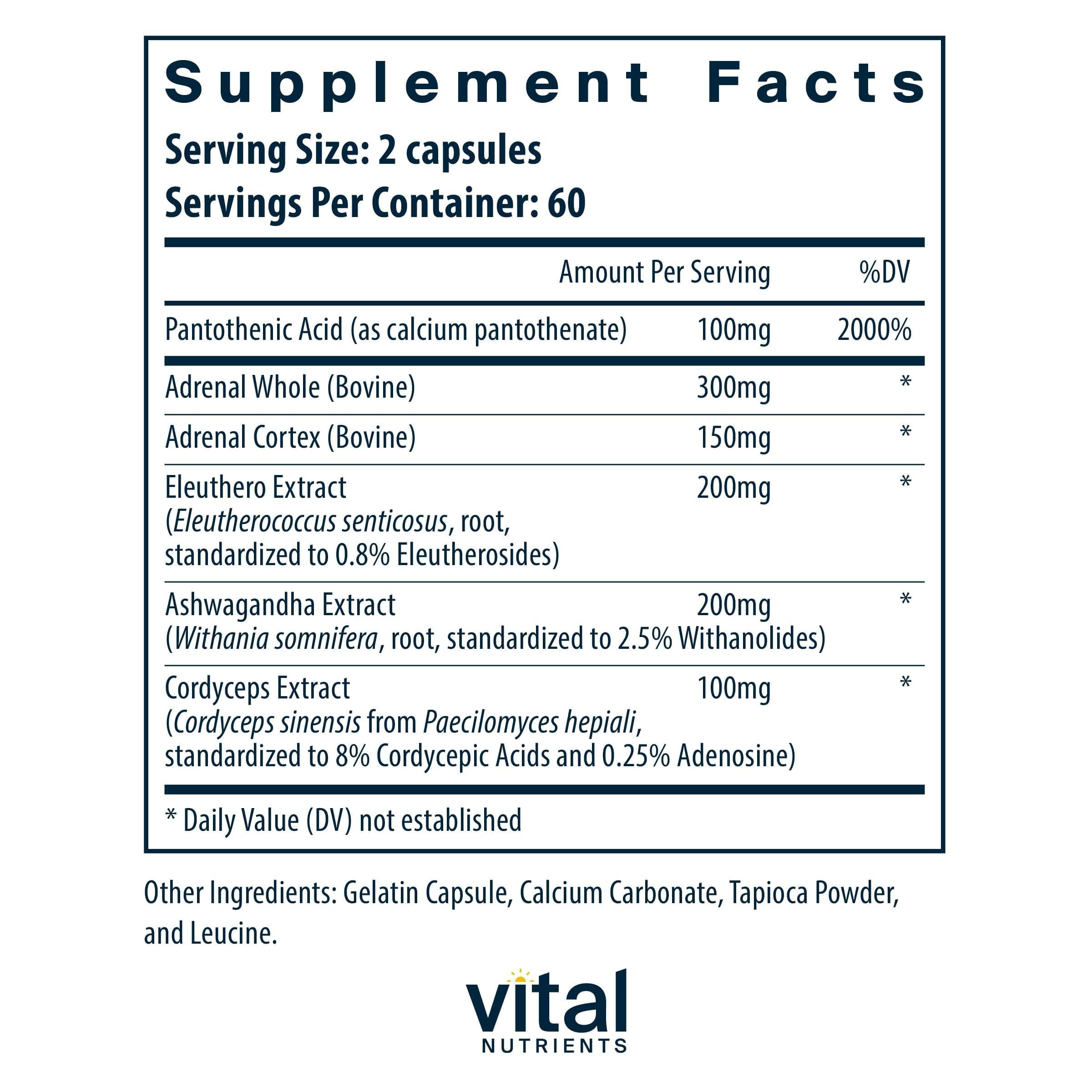 Vital Nutrients Adrenal Support, capsules prise quotidienne, facilite l’apport quotidien et le bien‑être.