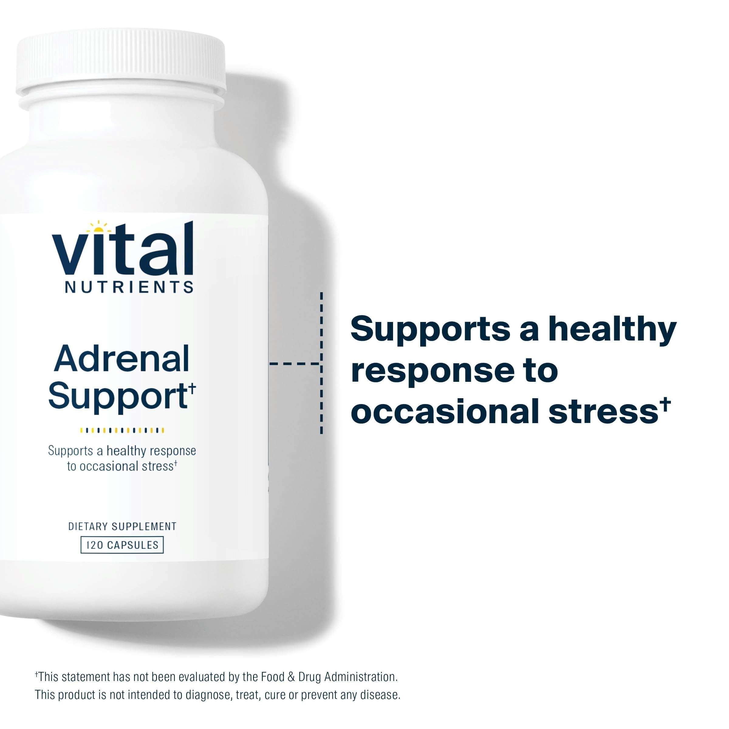 Vital Nutrients Adrenal Support, etiquette claire, emballage hypoallergénique et sûr.