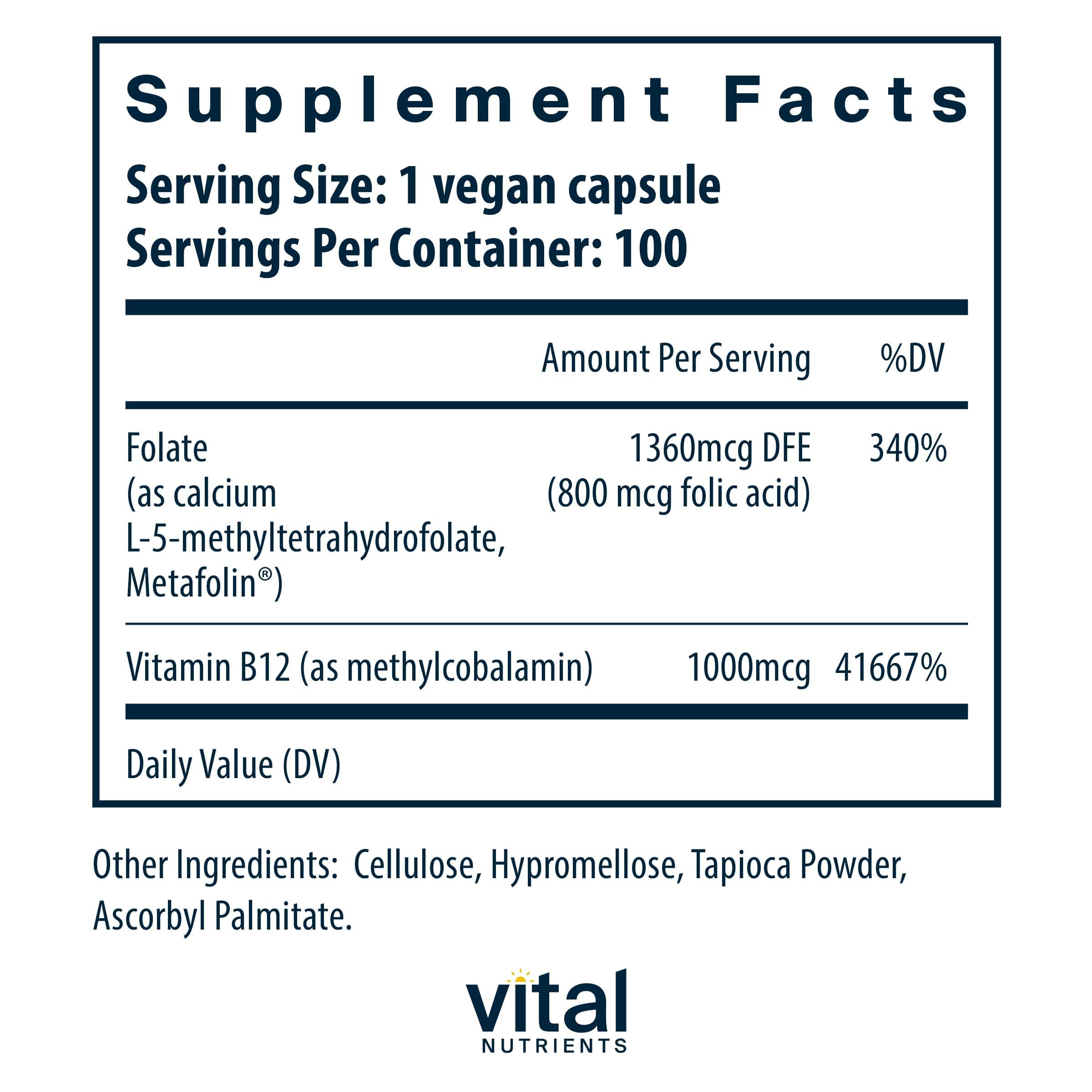 Vital Nutrients B12 et Methylfolate – capsules faciles à avaler au quotidien.