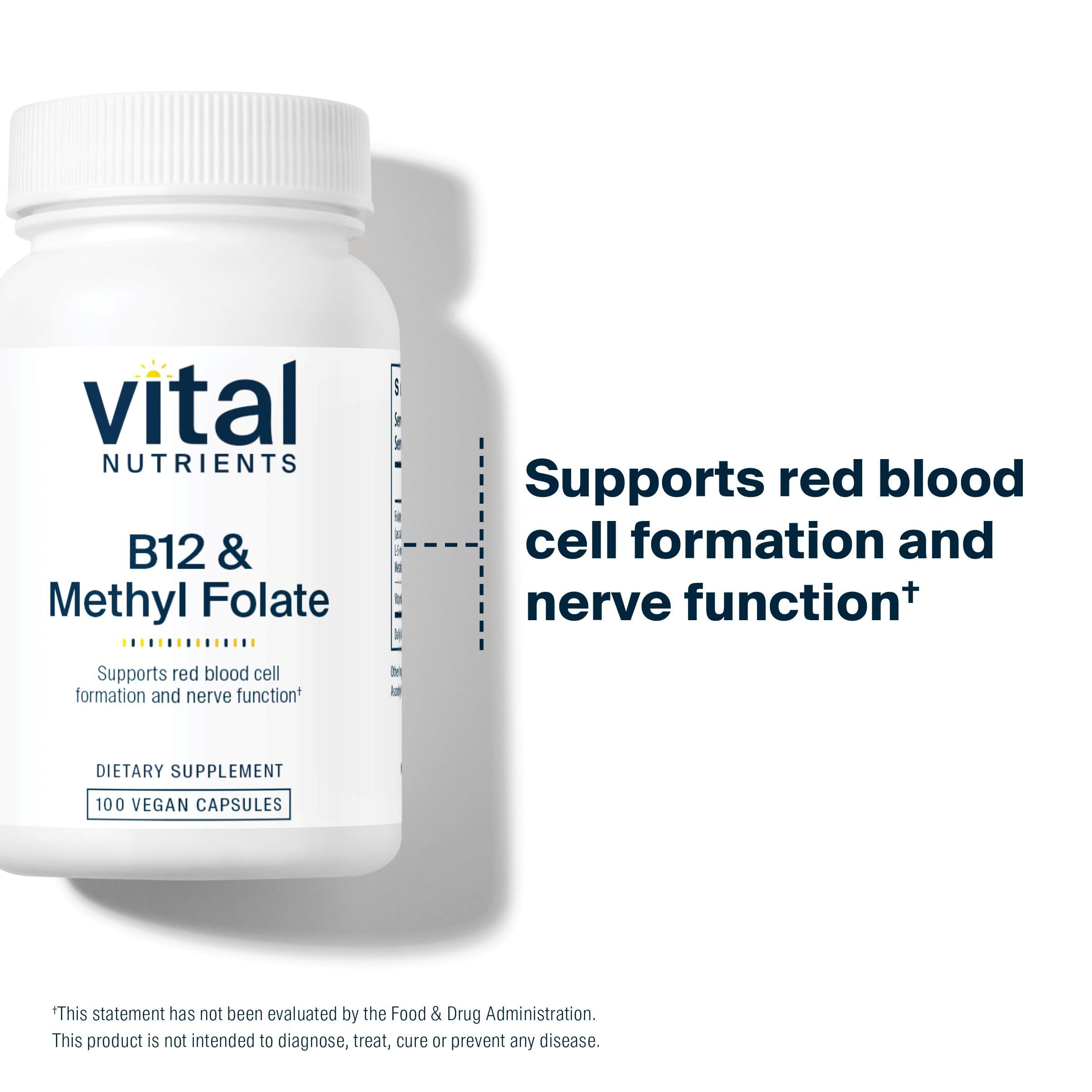 Vital Nutrients B12 et Methylfolate – etiquette claire et sans allergènes.