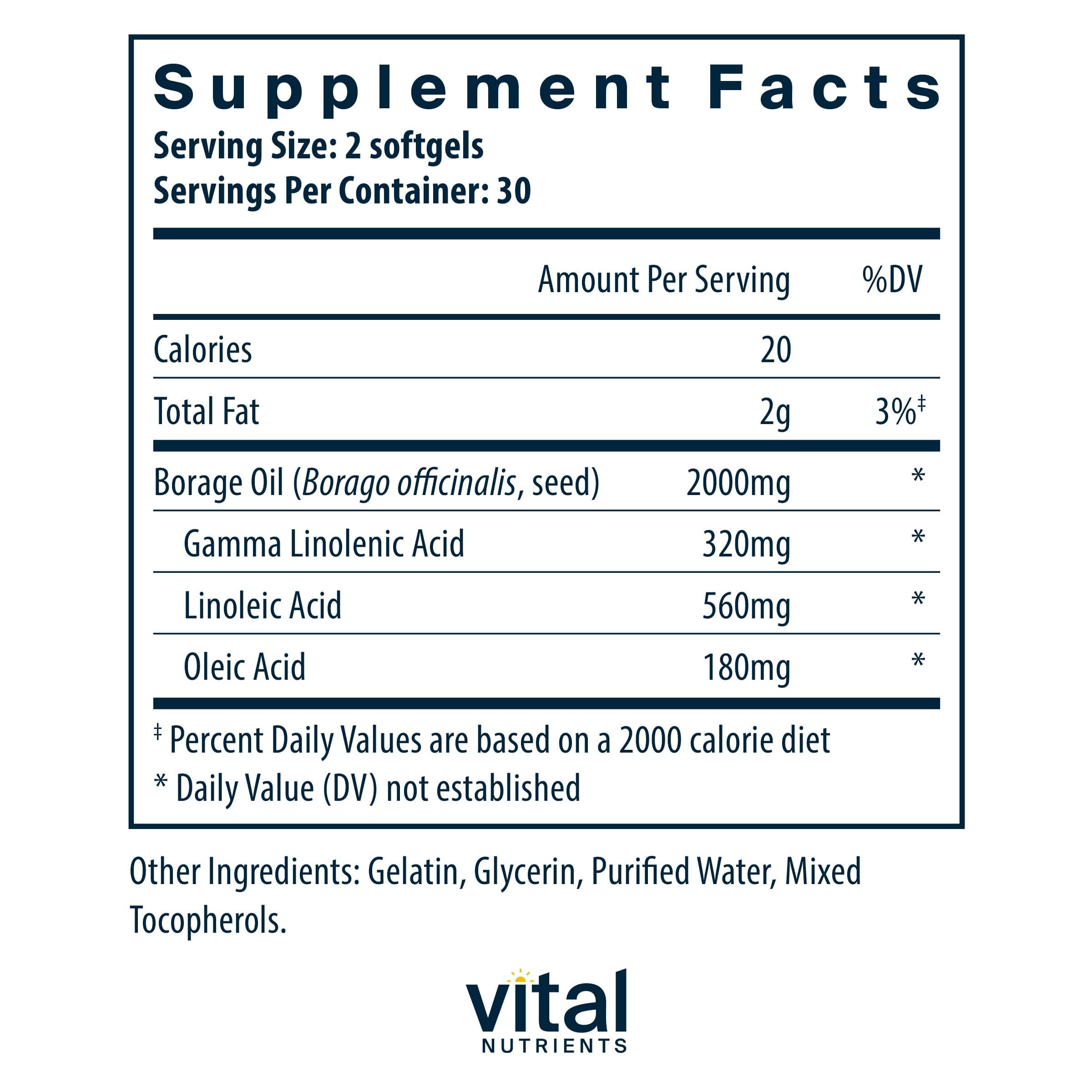 Vital Nutrients Borage Oil softgels : capsules faciles à avaler dans votre routine
