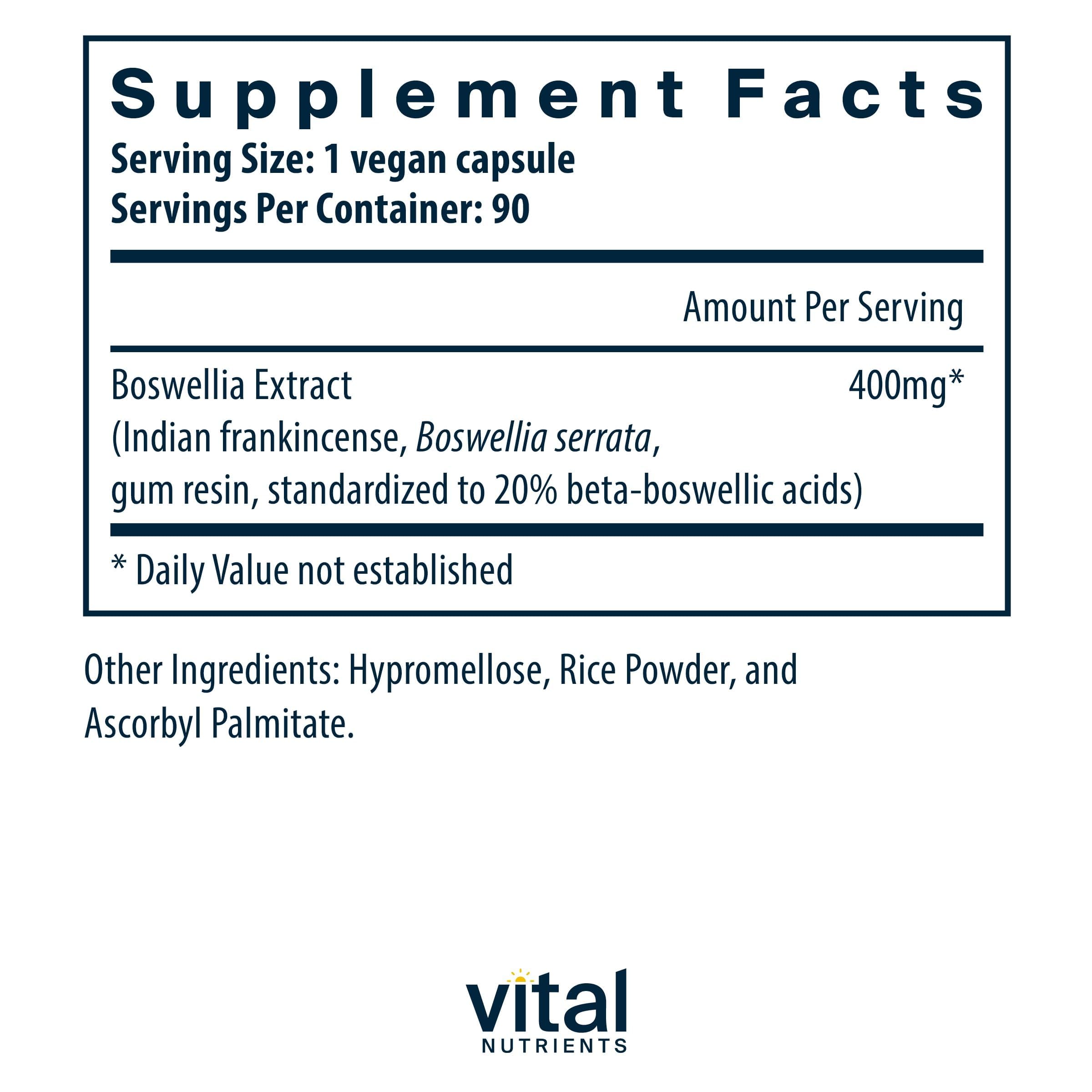 Vital Nutrients Boswellia Extract 400mg, boîte: facilité de dosage et rangement pratique.