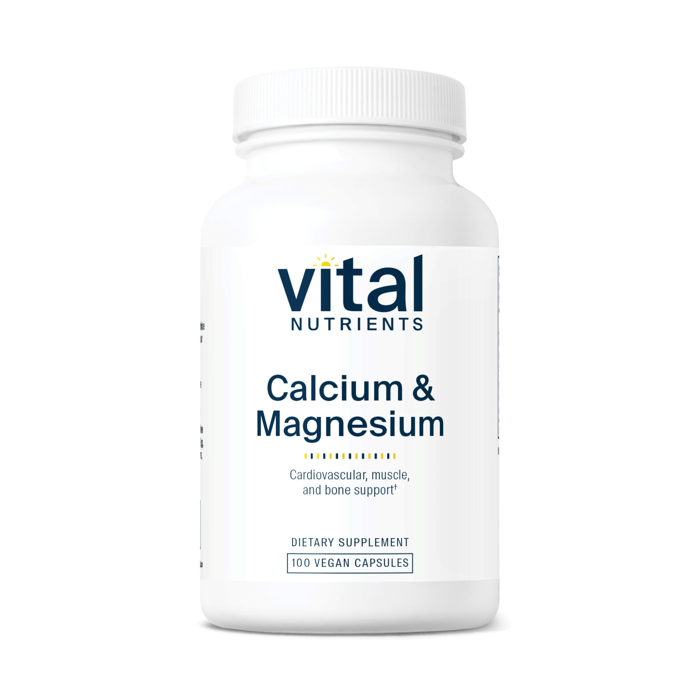 Vital Nutrients Calcium et Magnésium – bouteille vegan présentant la formule et les gélules