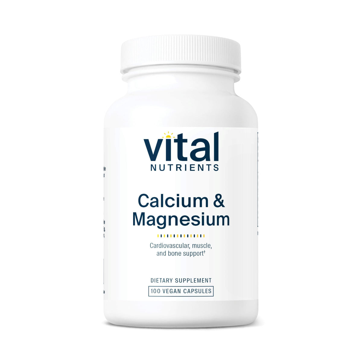 Vital Nutrients Calcium et Magnésium – bouteille vegan présentant la formule et les gélules