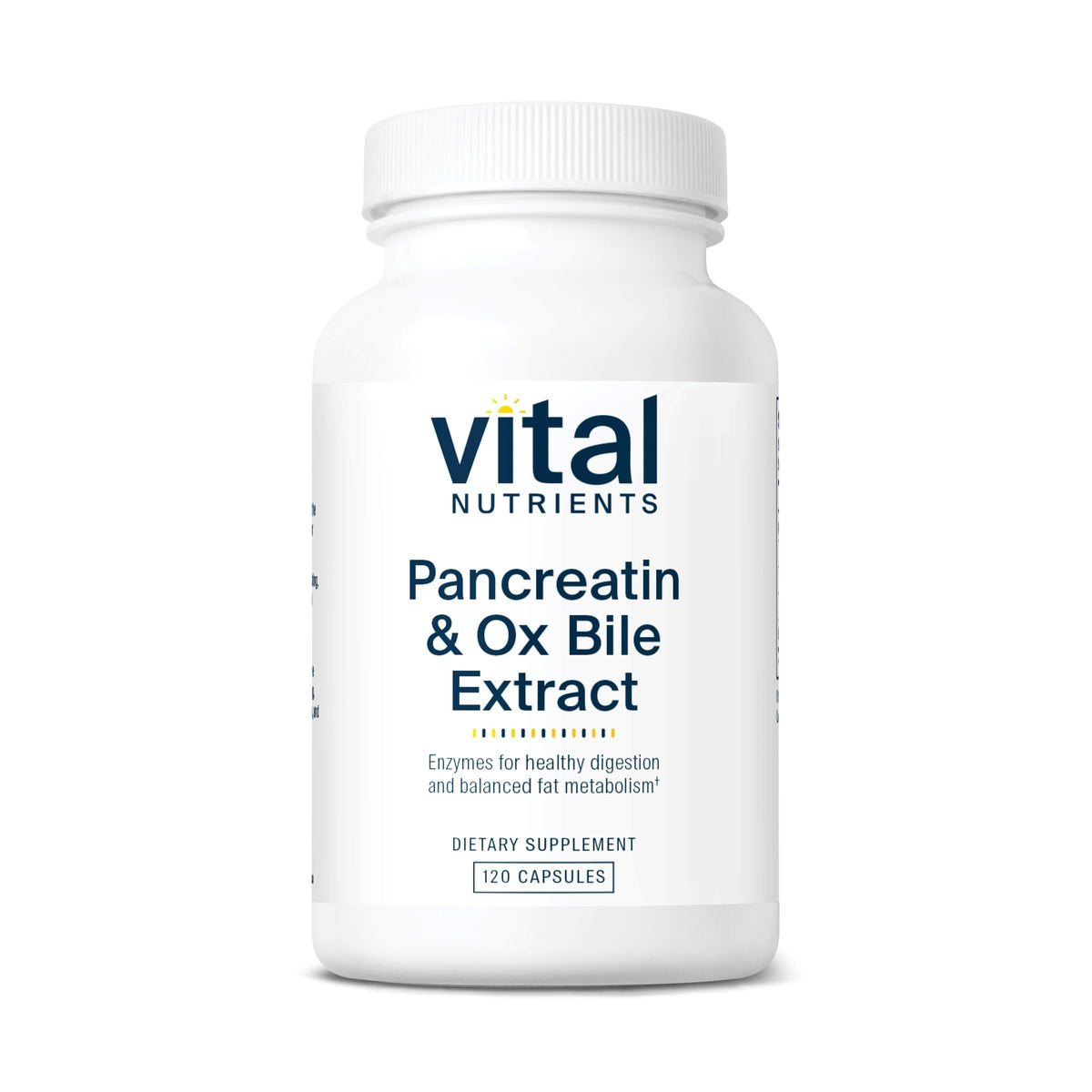 Bouteille Vital Nutrients Pancréatine et Bile d'Ox 500 mg prête à accompagner les repas riches.