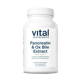 Bouteille Vital Nutrients Pancréatine et Bile d'Ox 500 mg prête à accompagner les repas riches.