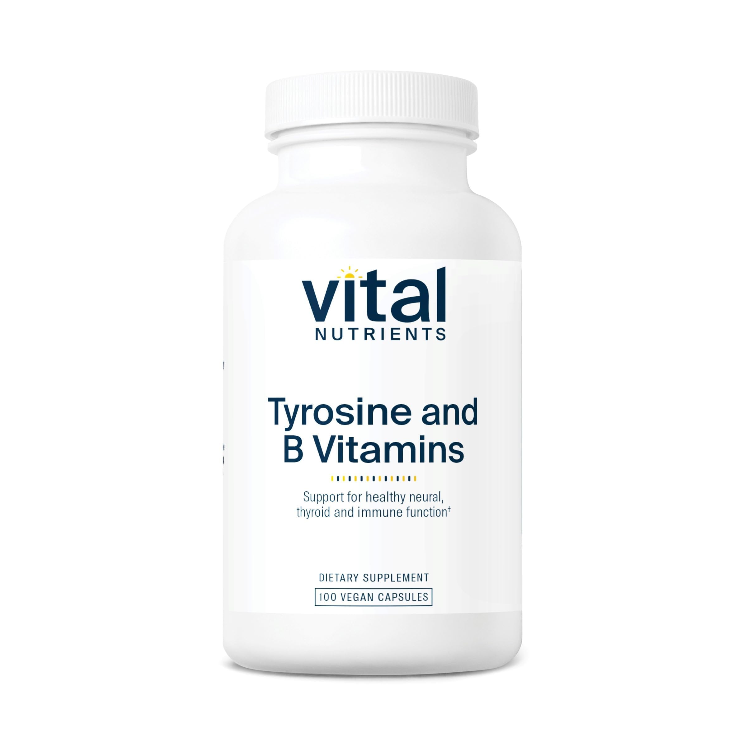 Vital Nutrients Tyrosine et vitamines B – bouteille visible, soutien potentiel énergie et concentration.