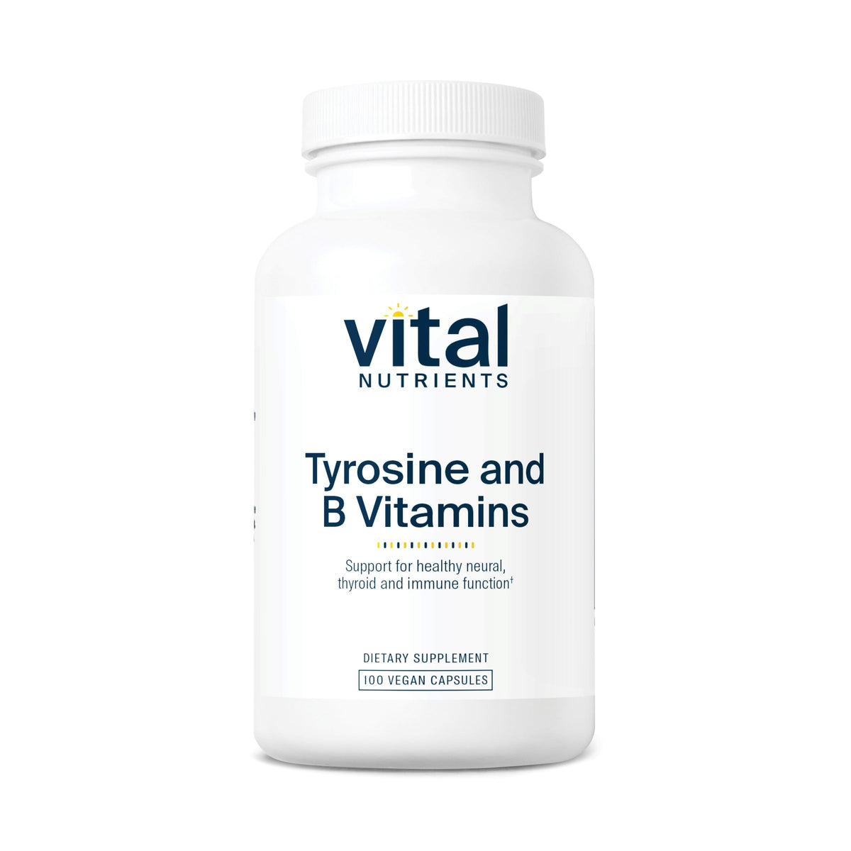 Vital Nutrients Tyrosine et vitamines B – bouteille visible, soutien potentiel énergie et concentration.