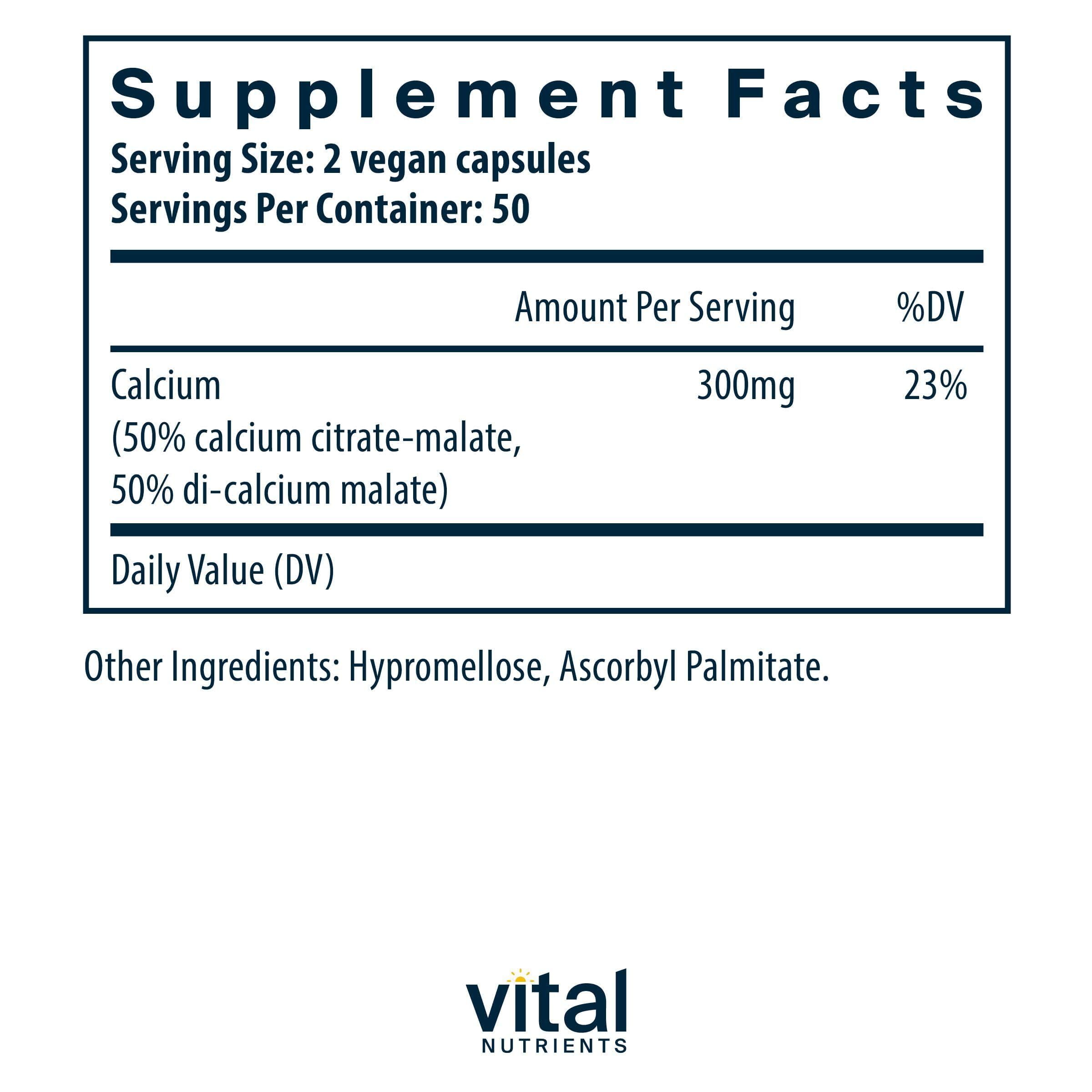 Vital Nutrients Calcium Citrate Malate – étiquette claire et produit végan sans OGM.