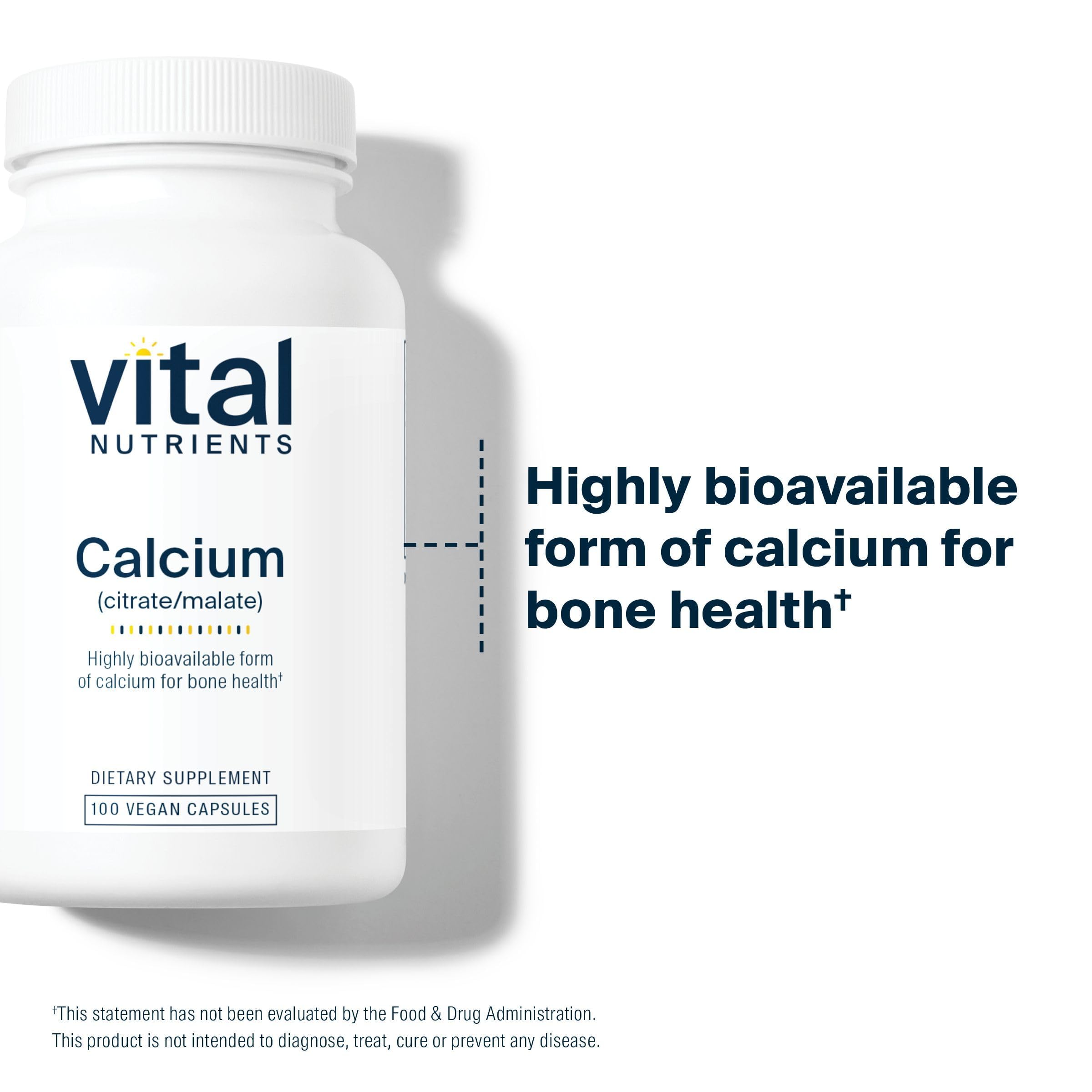Vital Nutrients Calcium Citrate Malate – flacon et étiquette montrant les informations de dosage utile.