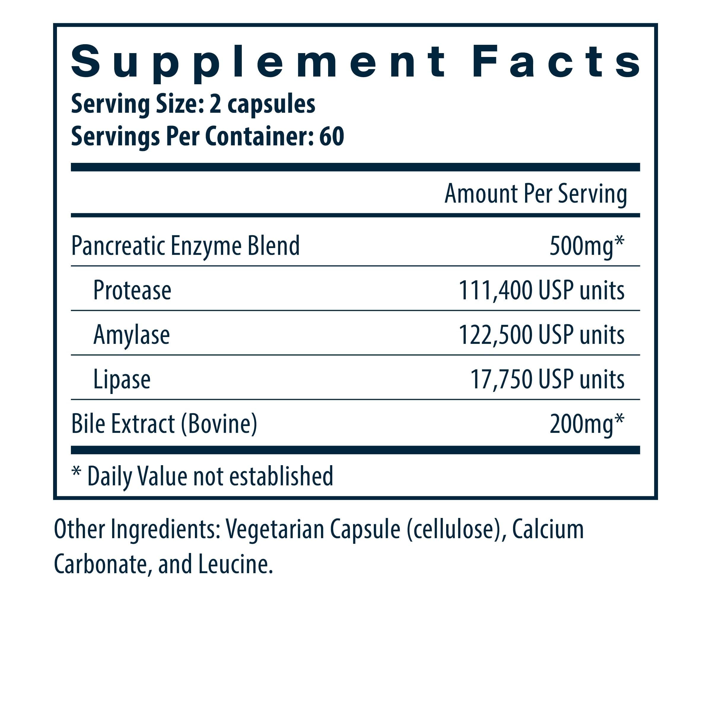 Capsules Vital Nutrients Pancréatine et Bile d'Ox facilitant l'absorption des graisses.