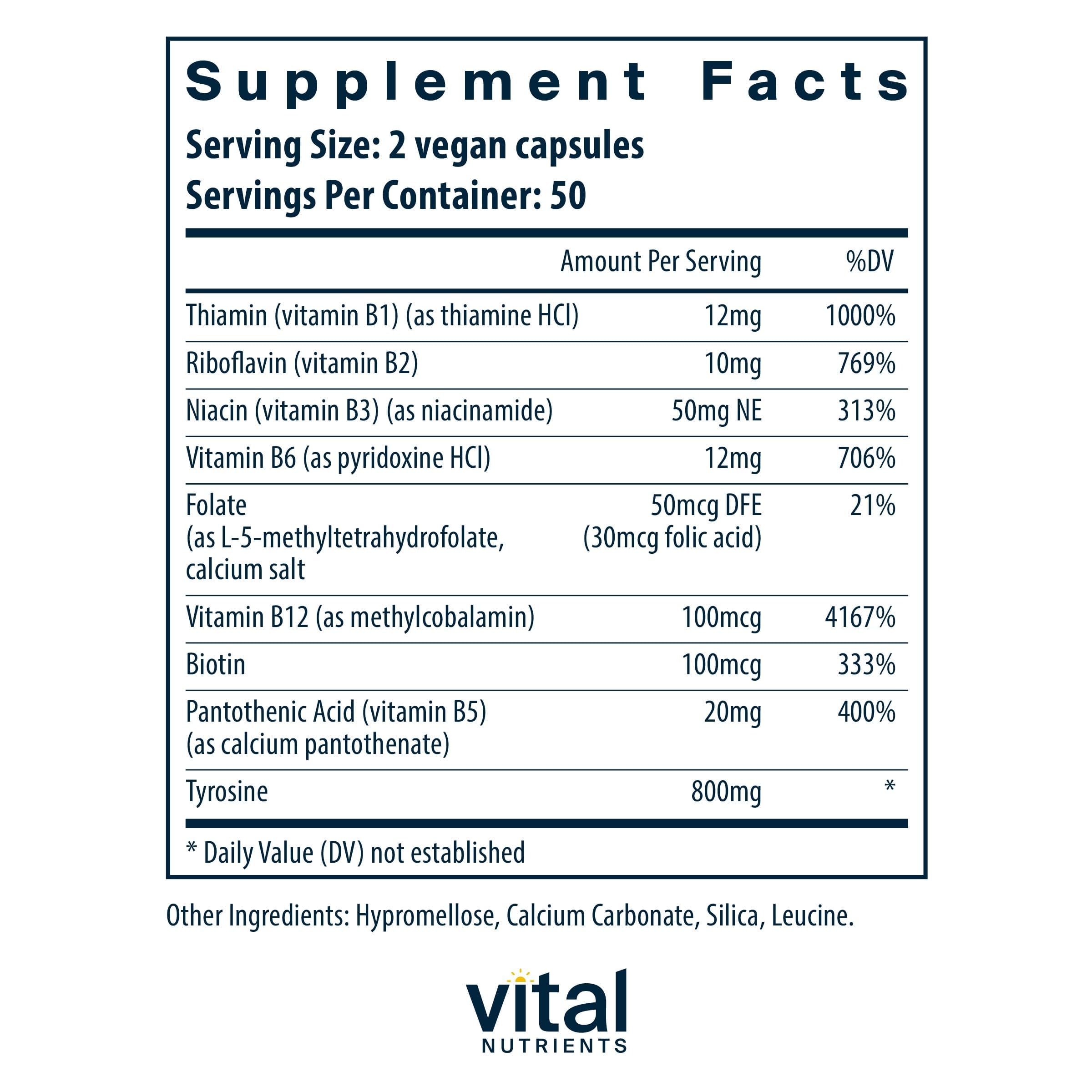 Vital Nutrients Tyrosine et vitamines B – capsules près de l’étiquette, soutien mémoire et attention.