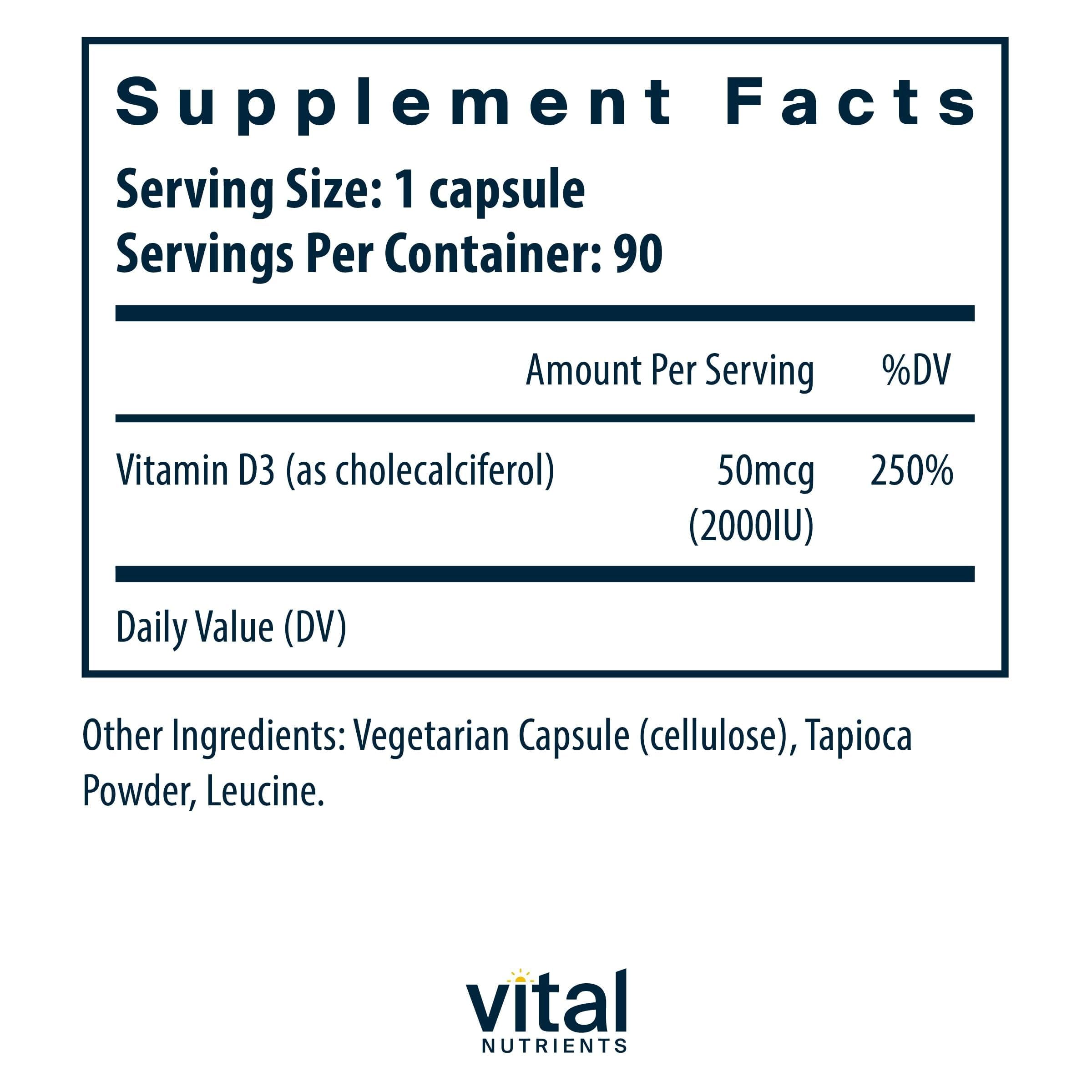 Capsules Vital Nutrients vitamine D3 2000 UI, ingestion facile et pratique.