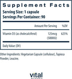 Vital Nutrients capsules D3 5000IU, absorption optimisée pour l'apport quotidien.