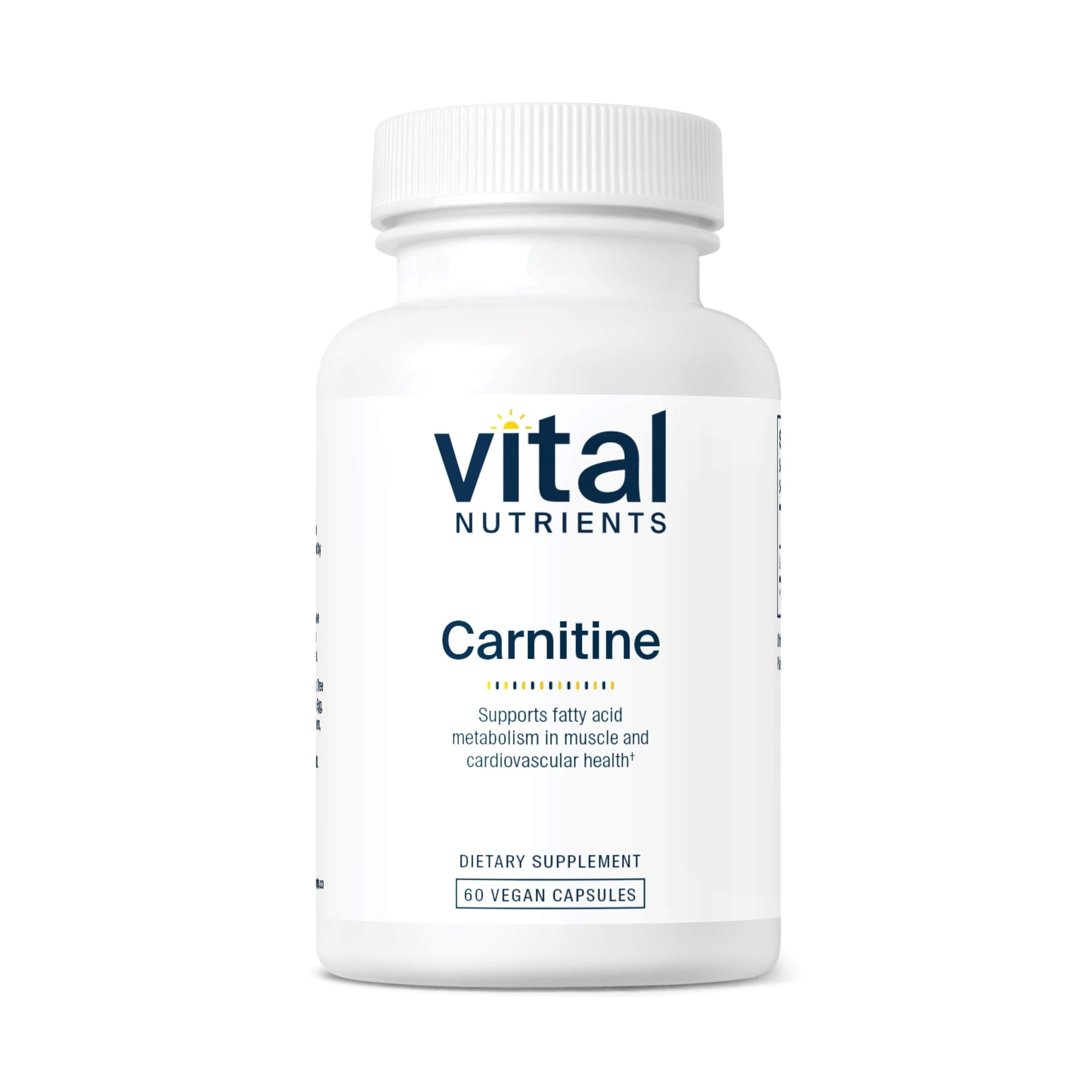 Vital Nutrients Carnitine 500mg, bouteille et versement, énergie potentielle tout au long de la journée