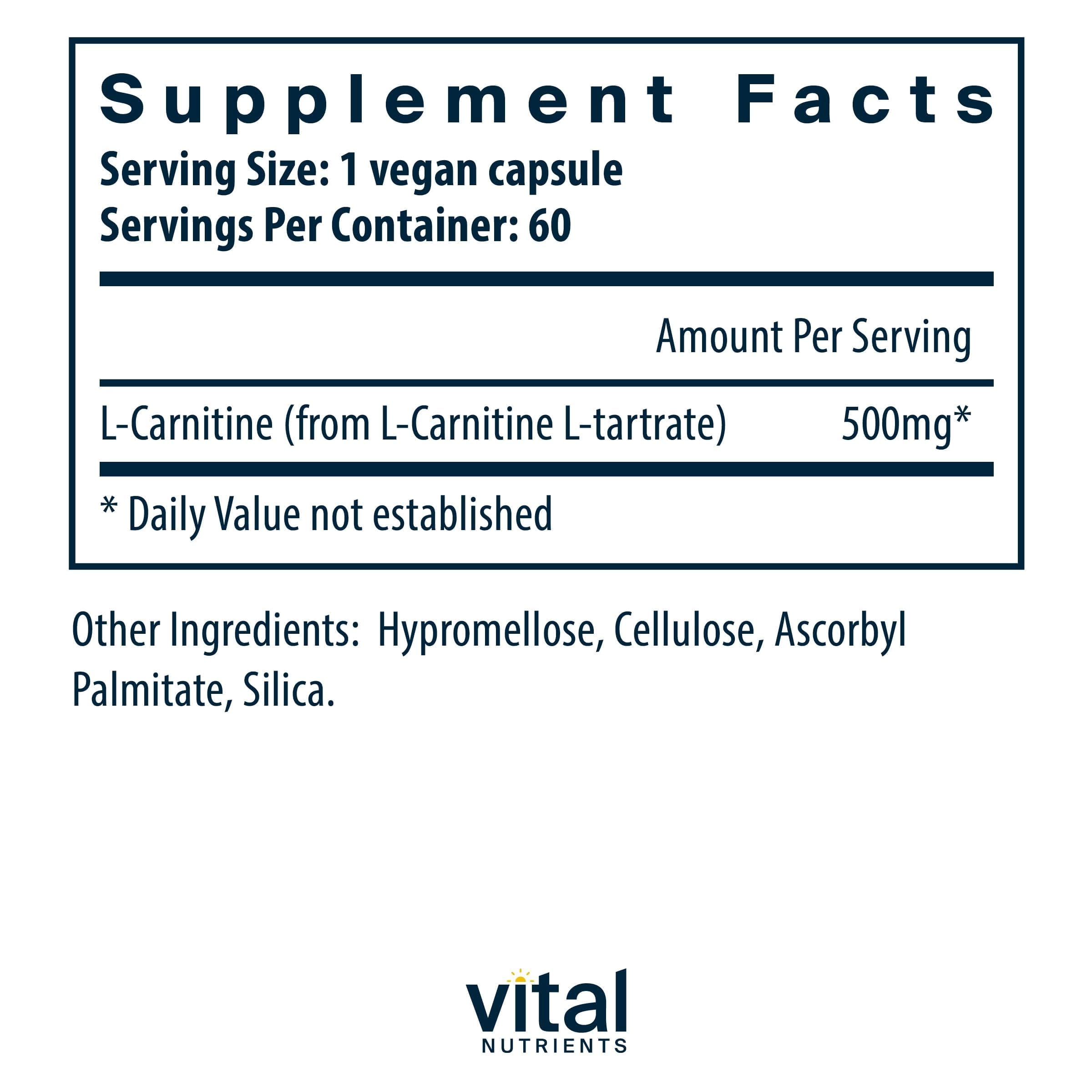 Vital Nutrients Carnitine 500mg, capsules – formulation vegan favorisant le métabolisme énergétique