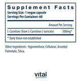 Vital Nutrients Carnitine 500mg, capsules – formulation vegan favorisant le métabolisme énergétique