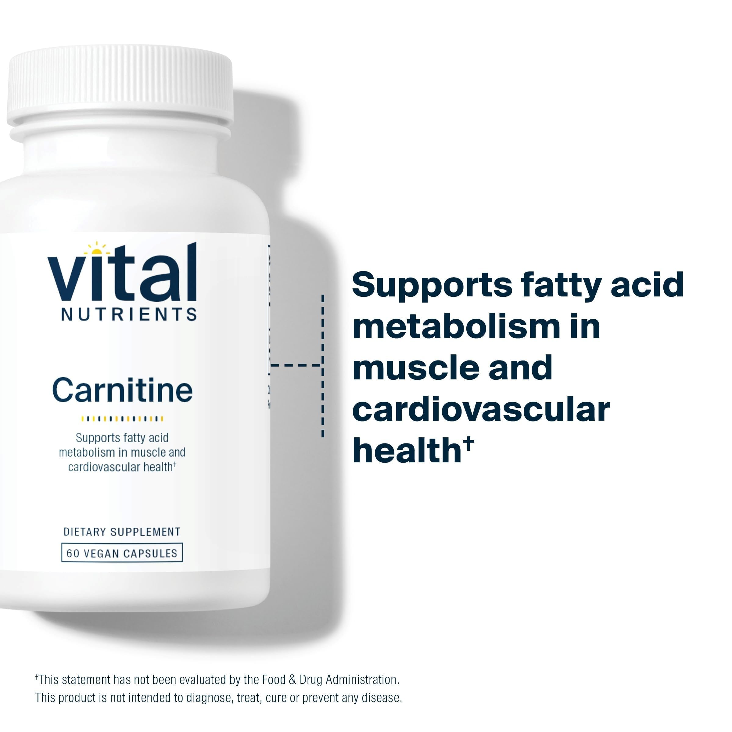 Vital Nutrients Carnitine 500mg, étiquette claire – transparence et qualité sans OGM