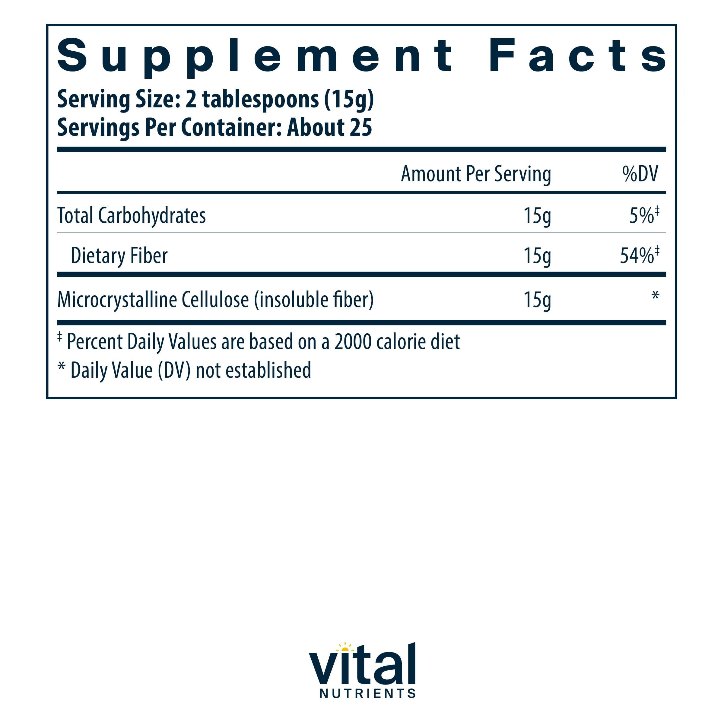 Close-up of Vital Nutrients cellulose fiber powder texture.