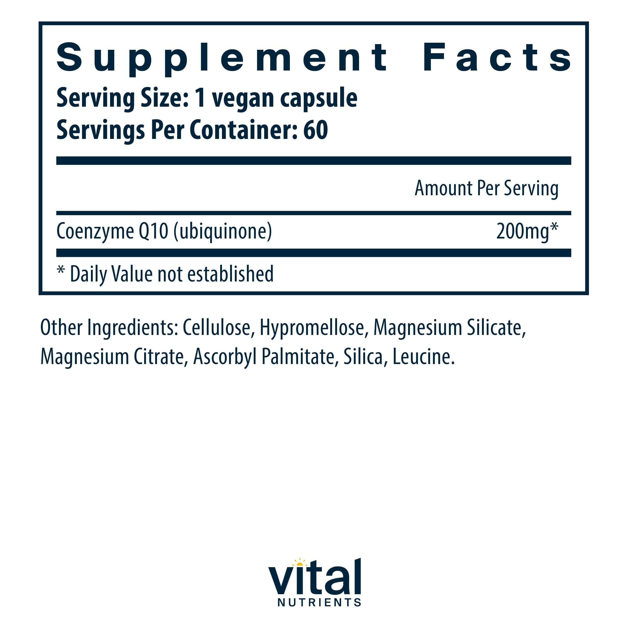 Vital Nutrients CoQ10 200mg – etiquette et flacon, formule vegan hypoallergénique.