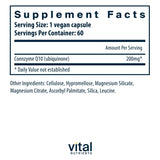 Vital Nutrients CoQ10 200mg – etiquette et flacon, formule vegan hypoallergénique.
