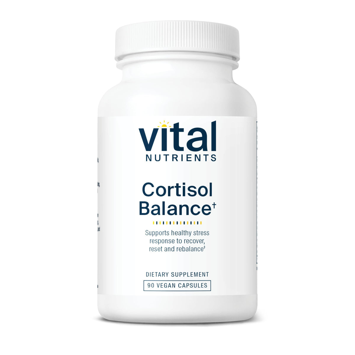 Vital Nutrients Cortisol Balance: bouteille en train de verser, soutien potentiel a l'energie et au calme.