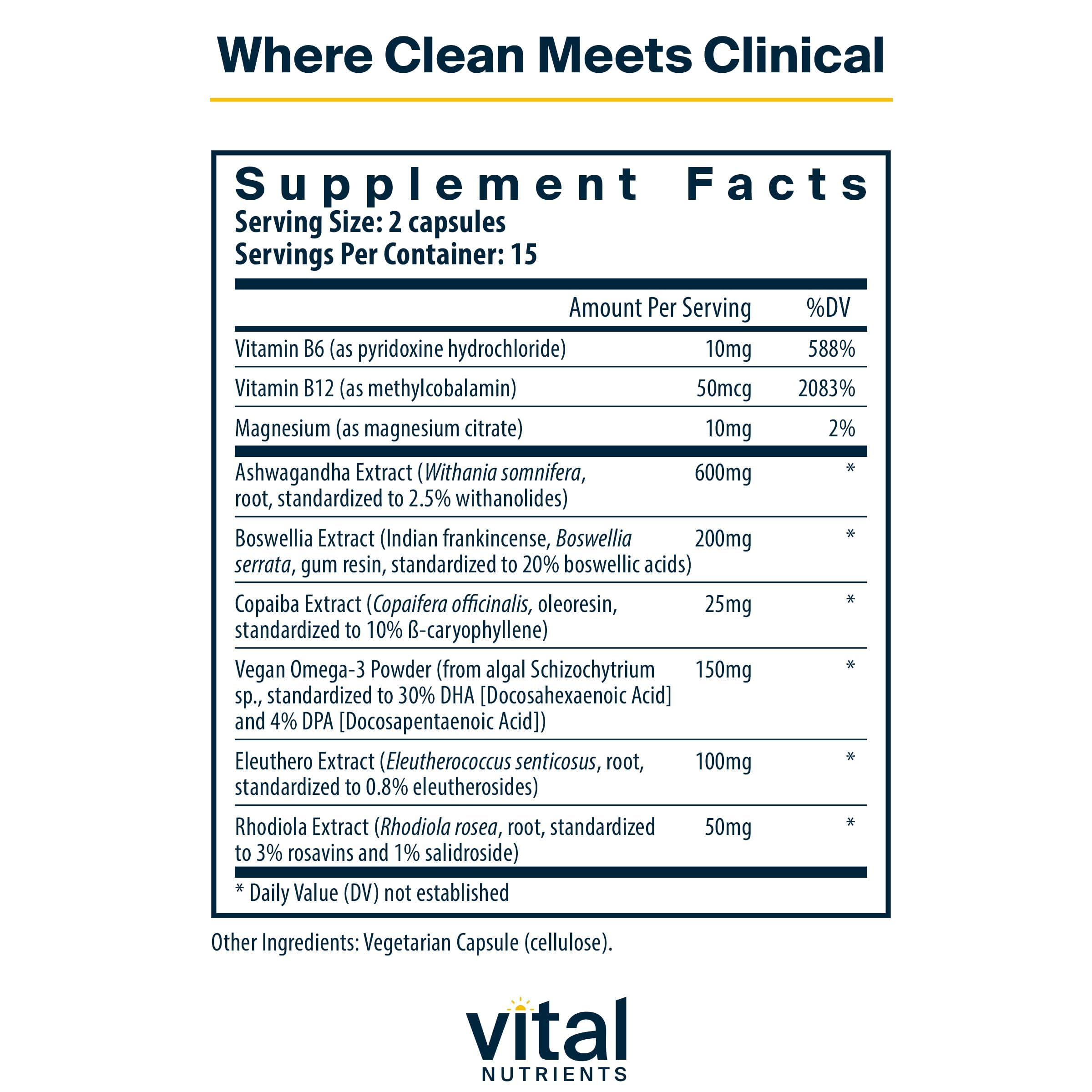 Vital Nutrients Cortisol Balance: capsules detaillees, ingredients cles pour relaxation et concentration.