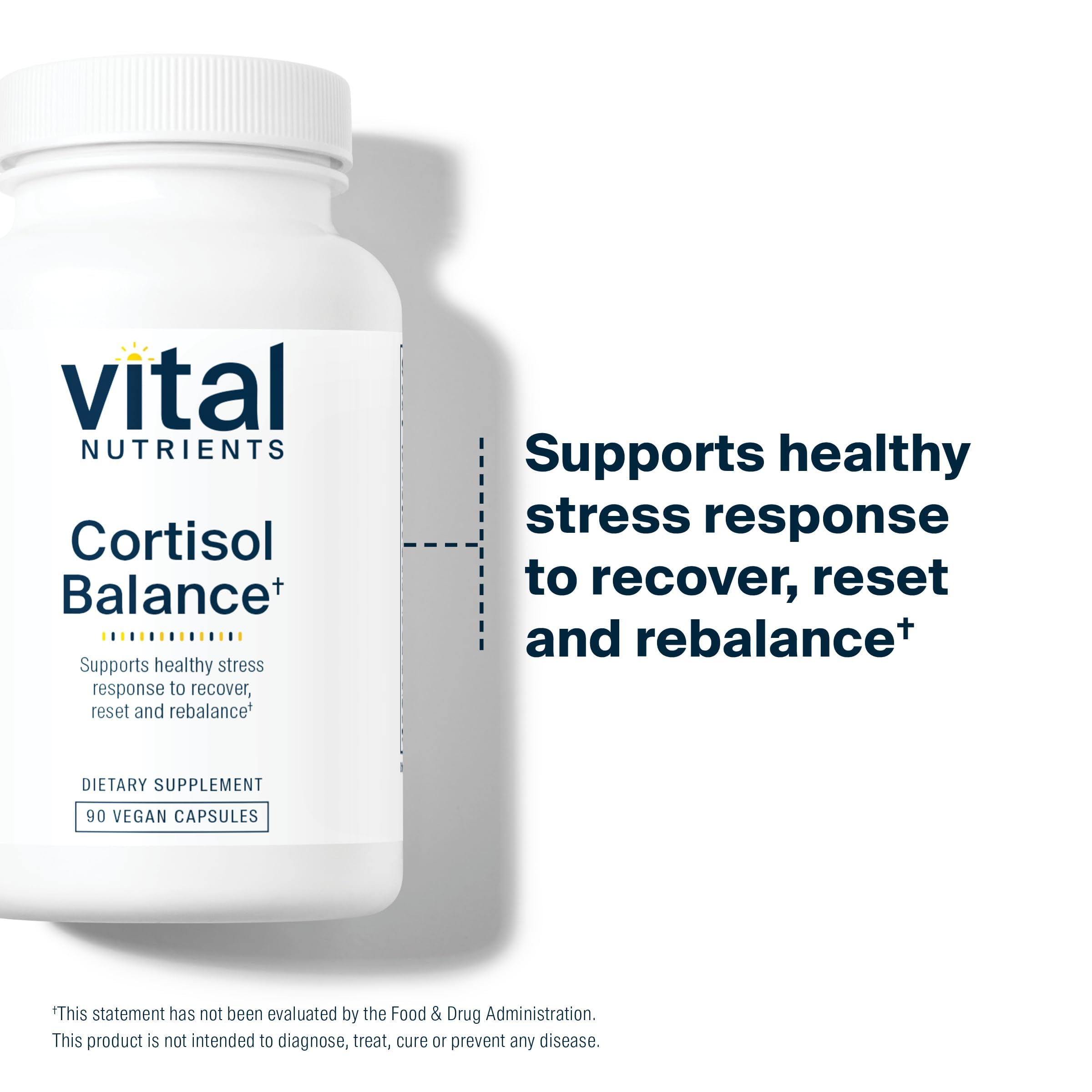 Etiquette claire de Vital Nutrients Cortisol Balance sur fond neutre, indique les ingredients et bien-etre potentiel.