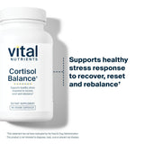 Etiquette claire de Vital Nutrients Cortisol Balance sur fond neutre, indique les ingredients et bien-etre potentiel.