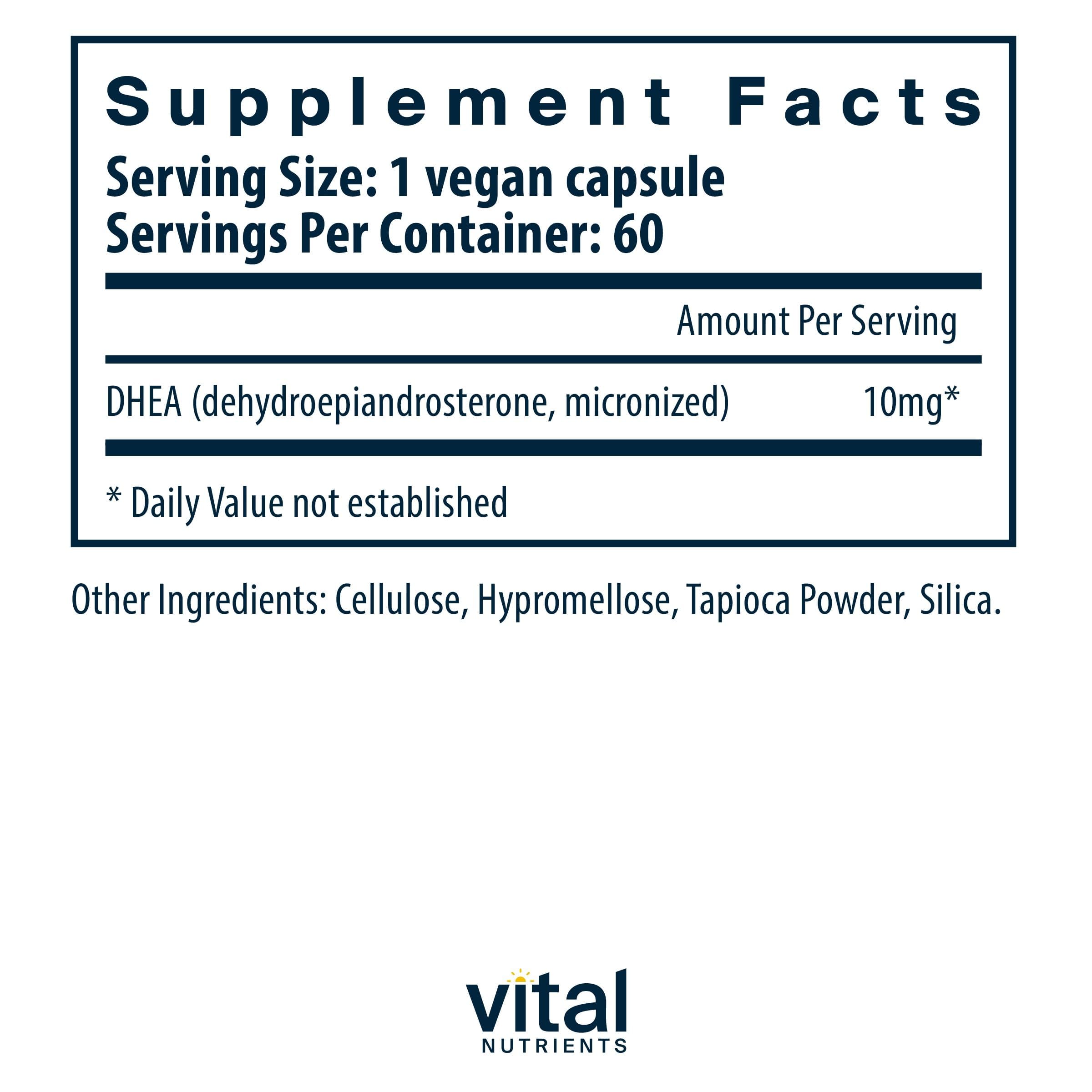 Vital Nutrients DHEA 10mg – gélules vegan visibles, option hypoallergénique sûre.