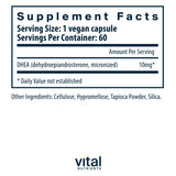 Vital Nutrients DHEA 10mg – gélules vegan visibles, option hypoallergénique sûre.