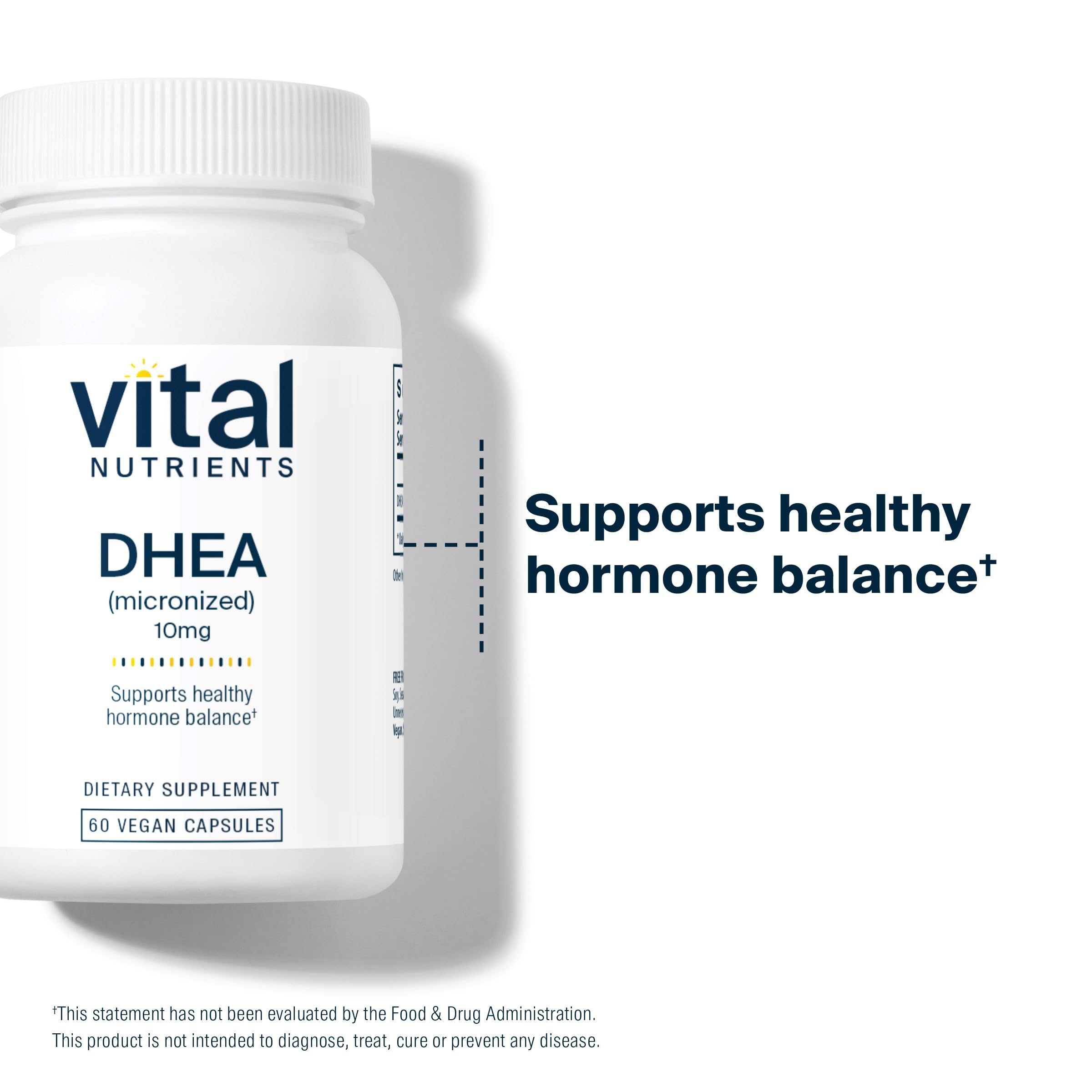Vital Nutrients DHEA 10mg – utilisation quotidienne possible sans gluten ni produits laitiers.
