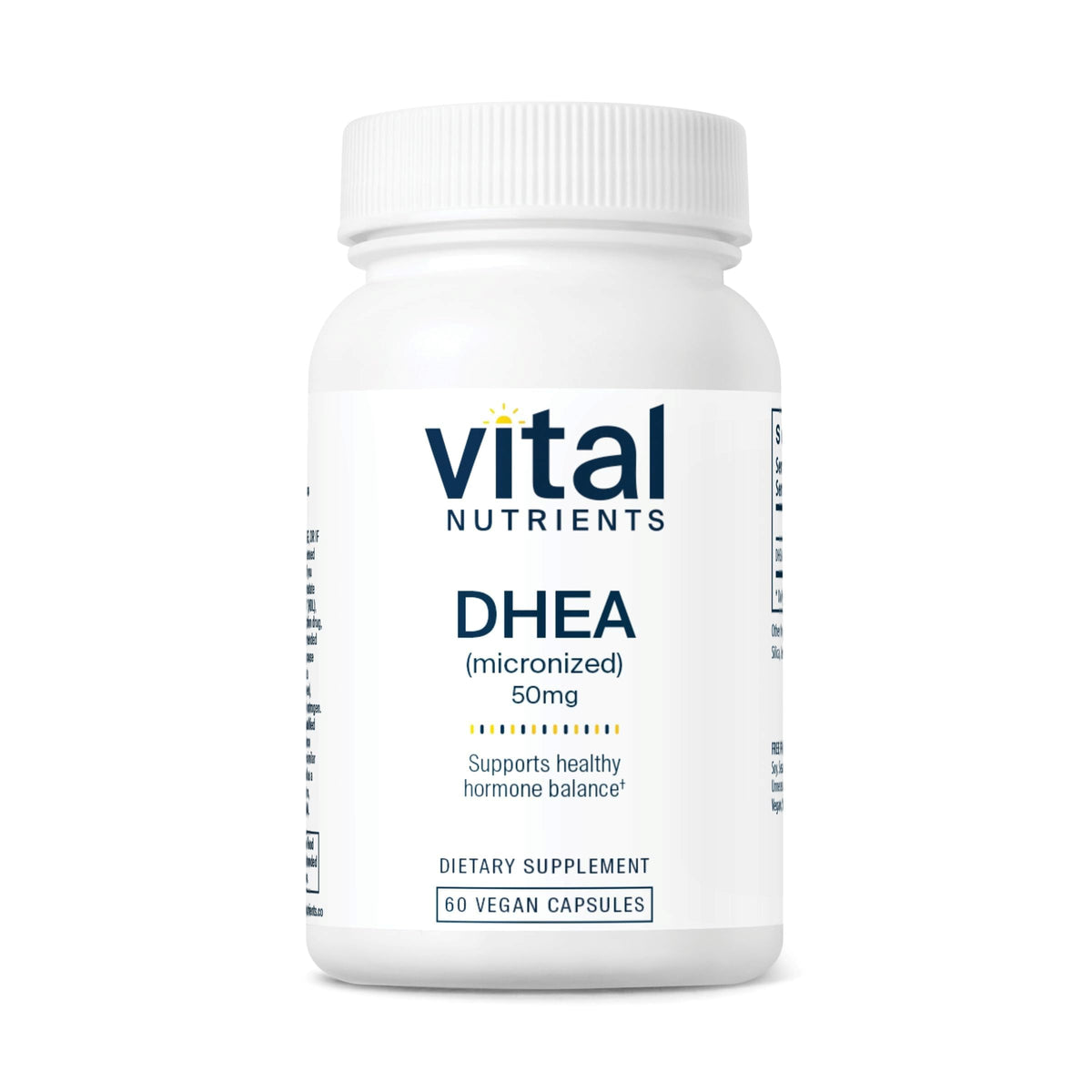 Vital Nutrients DHEA 50mg, bouteille, soutien hormonal potentiel et énergie quotidienne.