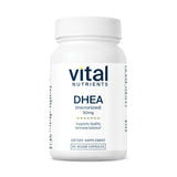 Vital Nutrients DHEA 50mg, bouteille, soutien hormonal potentiel et énergie quotidienne.