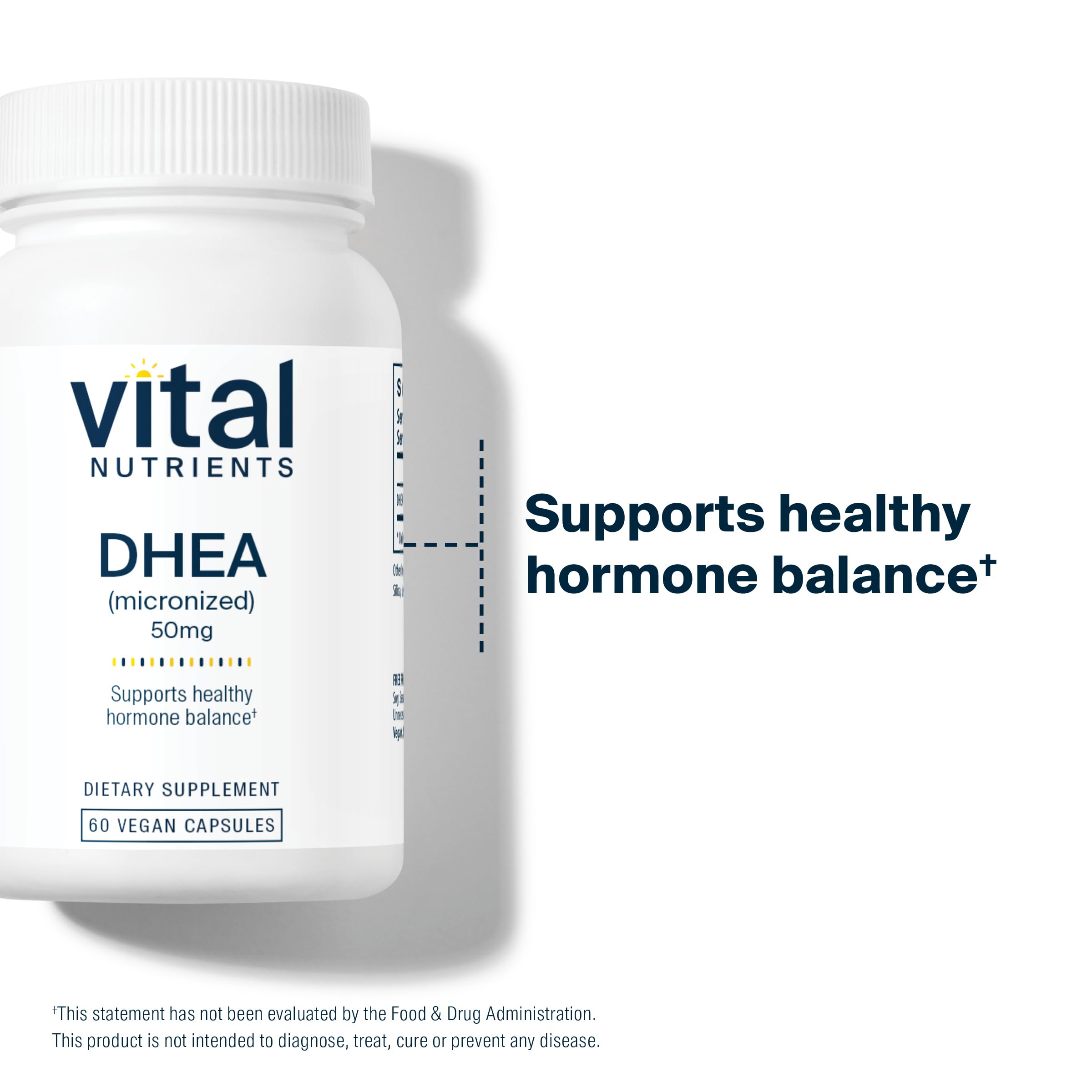 Vital Nutrients DHEA 50mg, dose quotidienne pratique pour un équilibre hormonal potentiel.