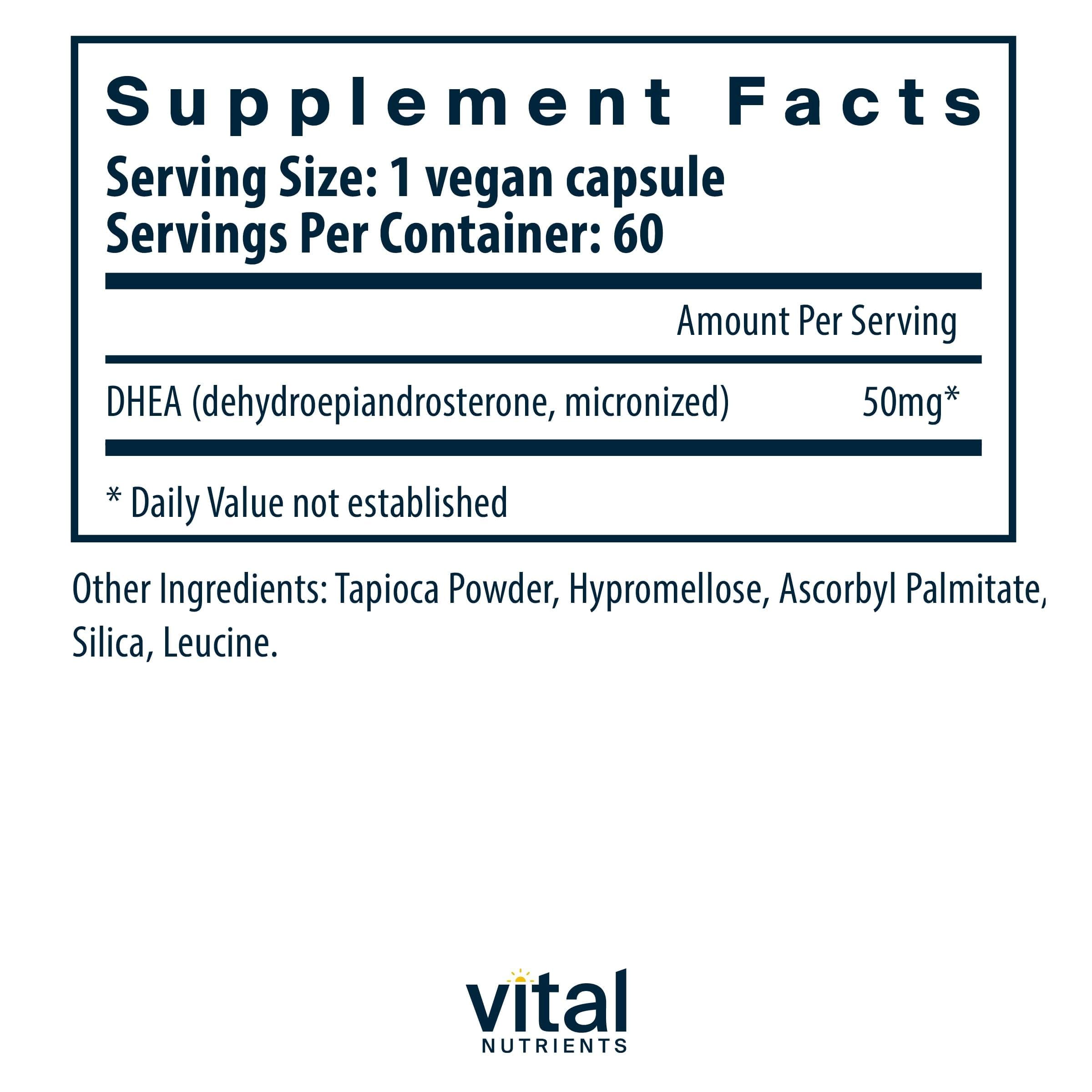 Vital Nutrients DHEA 50mg, emballage clair et traçabilité qualité.