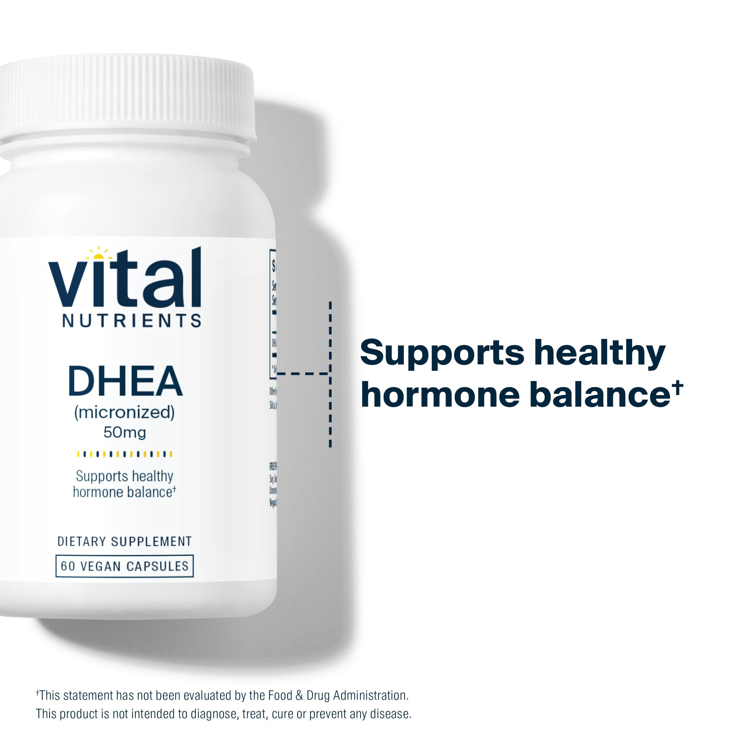 Vital Nutrients DHEA 50mg, tablettes faciles à prendre et packaging pratique.