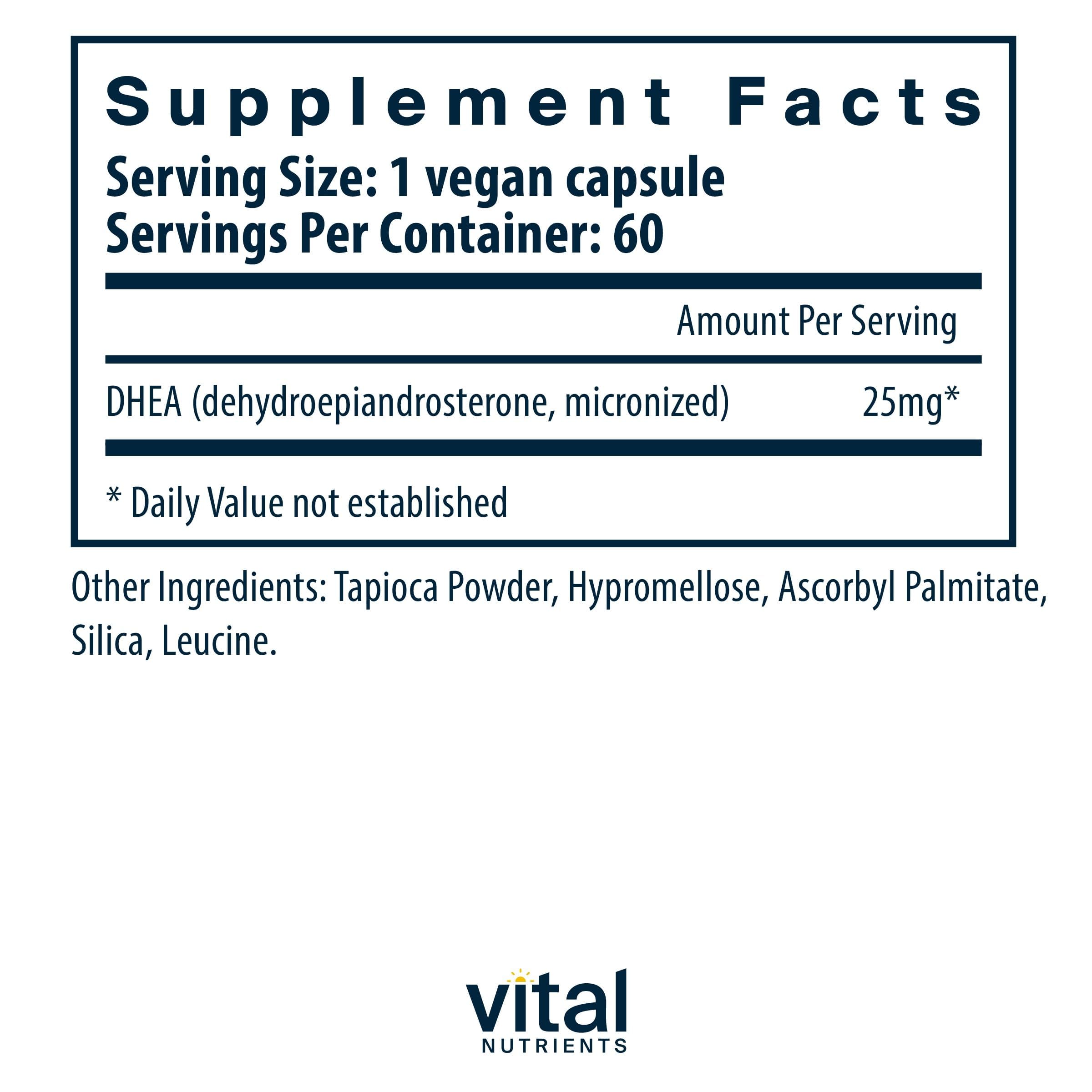 Vital Nutrients DHEA – étiquette indiquant formule vegan et hypoallergénique.