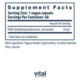 Vital Nutrients DHEA – étiquette indiquant formule vegan et hypoallergénique.