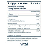 Vital Nutrients emballage bouteille: présentation claire et pratique pour une utilisation quotidienne.
