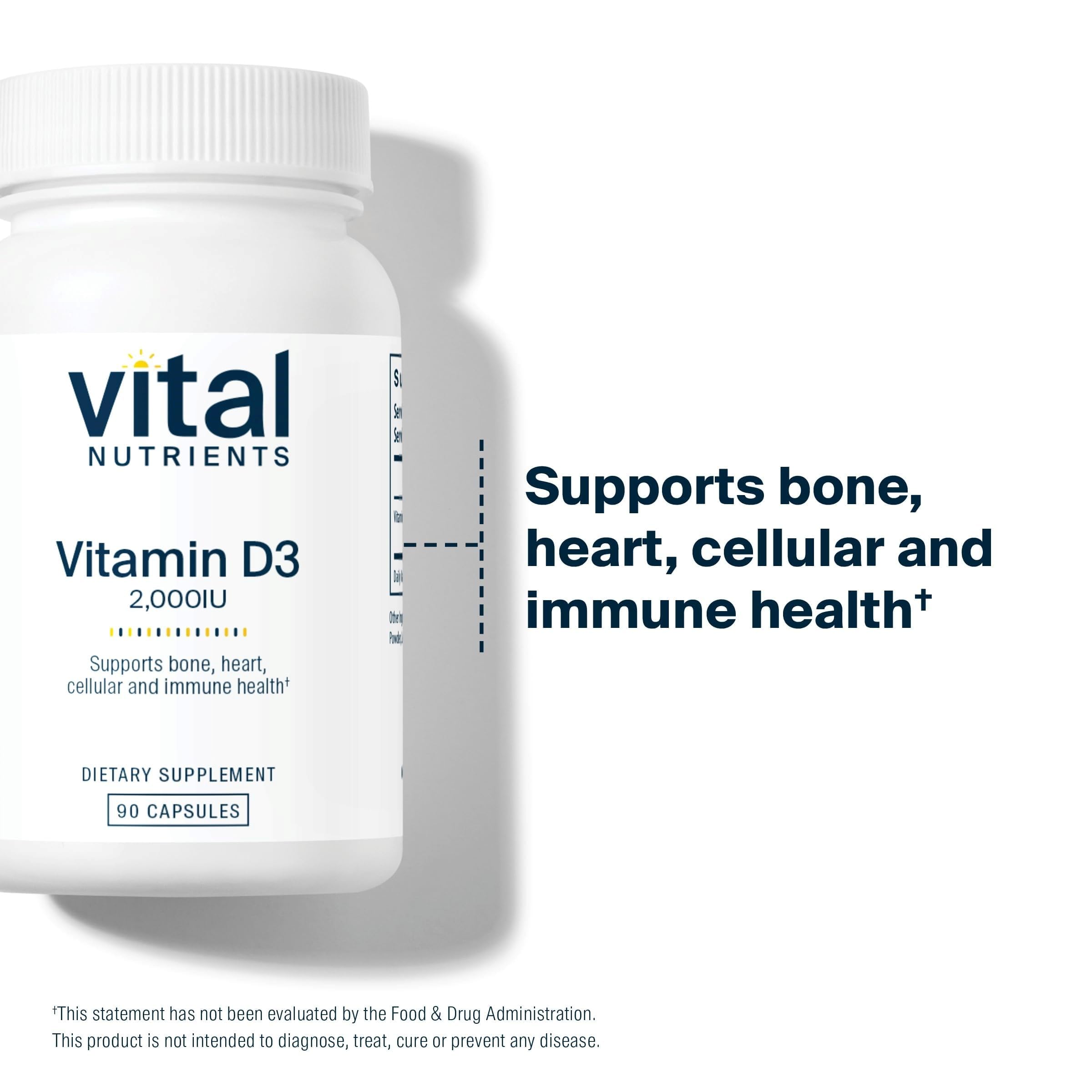 Étiquette Vital Nutrients D3 2000 UI affichant dosage clair.