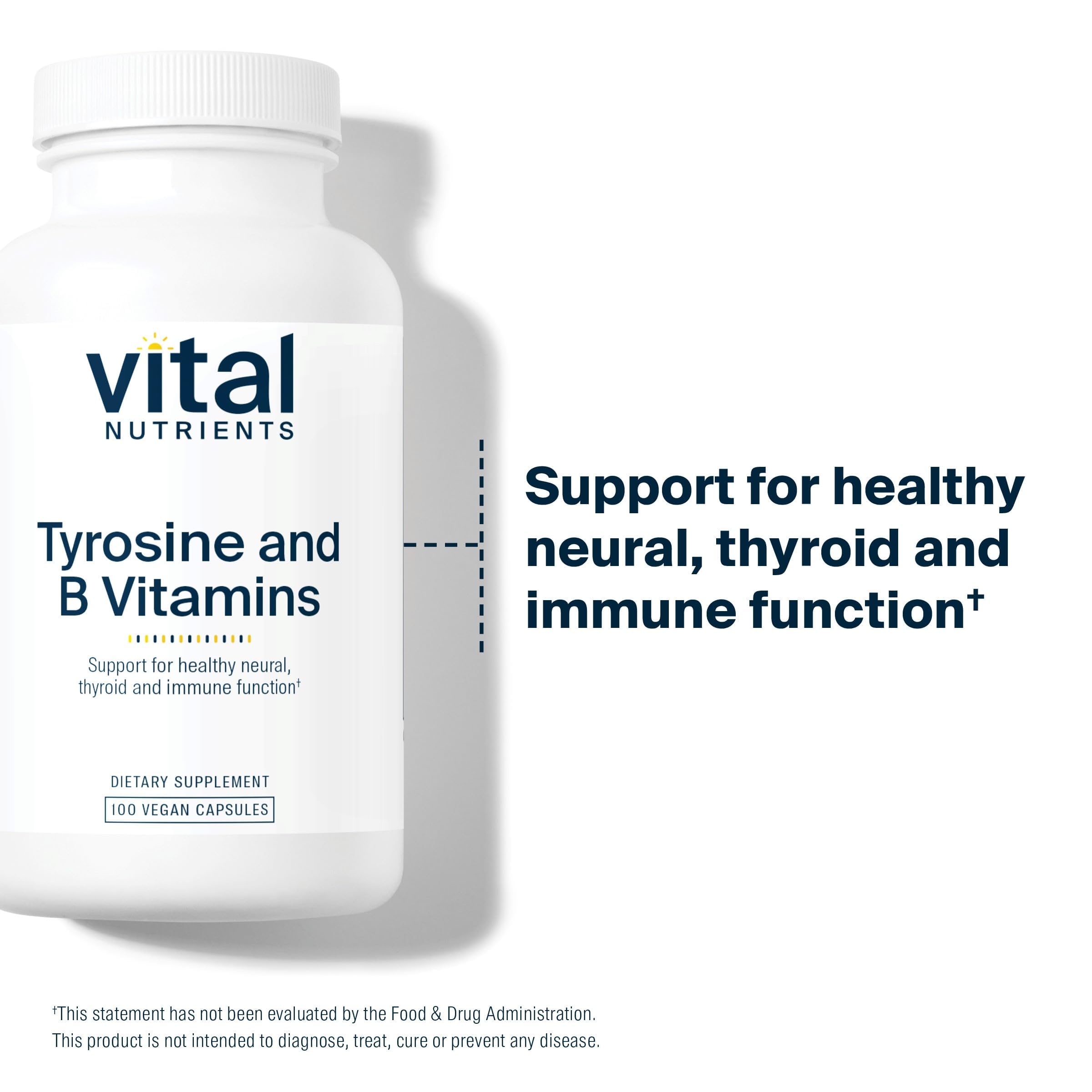 Vital Nutrients Tyrosine et vitamines B – étiquette lisible, formule vegan sans allergènes.