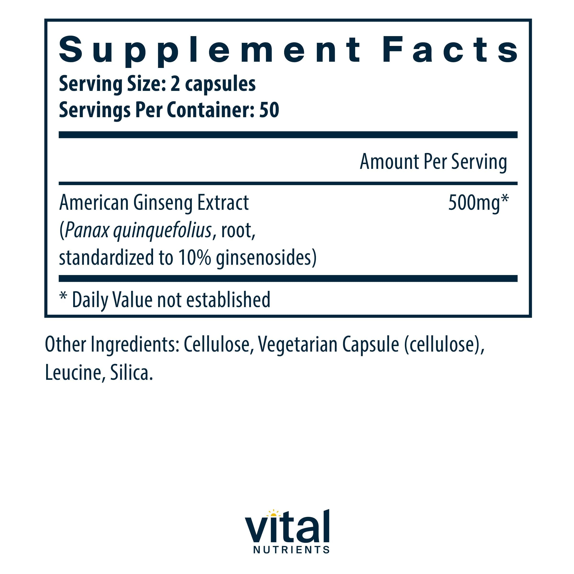 Vital Nutrients Ginseng Américain – capsules visibles, dose quotidienne pratique pour l’endurance mentale.