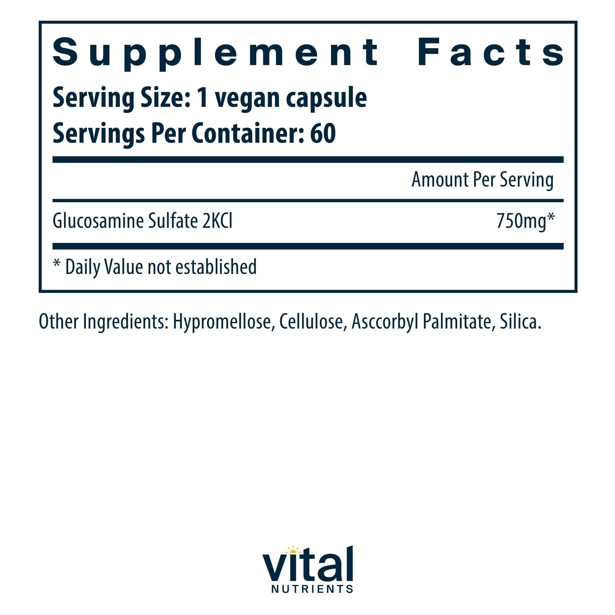 Vital Nutrients glucosamine sulfate 750mg - étiquette lisible indiquant ingrédients sans gluten.