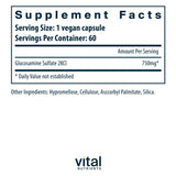 Vital Nutrients glucosamine sulfate 750mg - étiquette lisible indiquant ingrédients sans gluten.