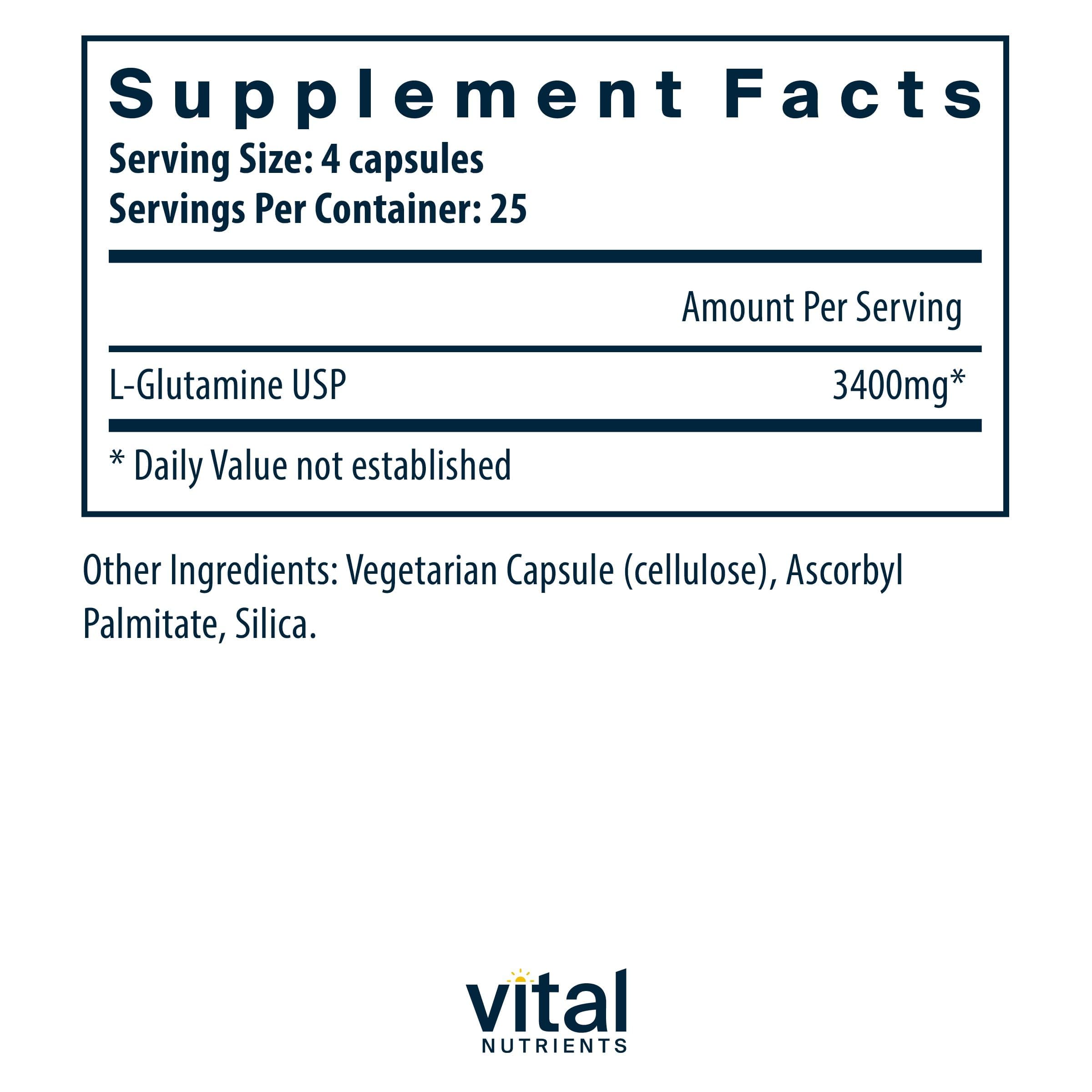 Vital Nutrients Glutamine avec étiquette claire et dosage visible