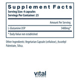 Vital Nutrients Glutamine avec étiquette claire et dosage visible