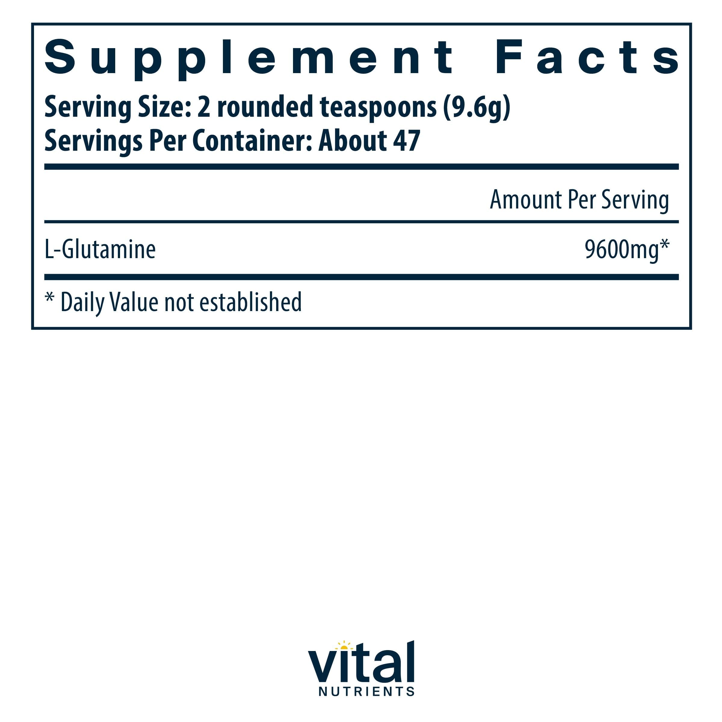 Vital Nutrients Glutamine Poudre: dose-cuillère montrée, facilite le dosage quotidien